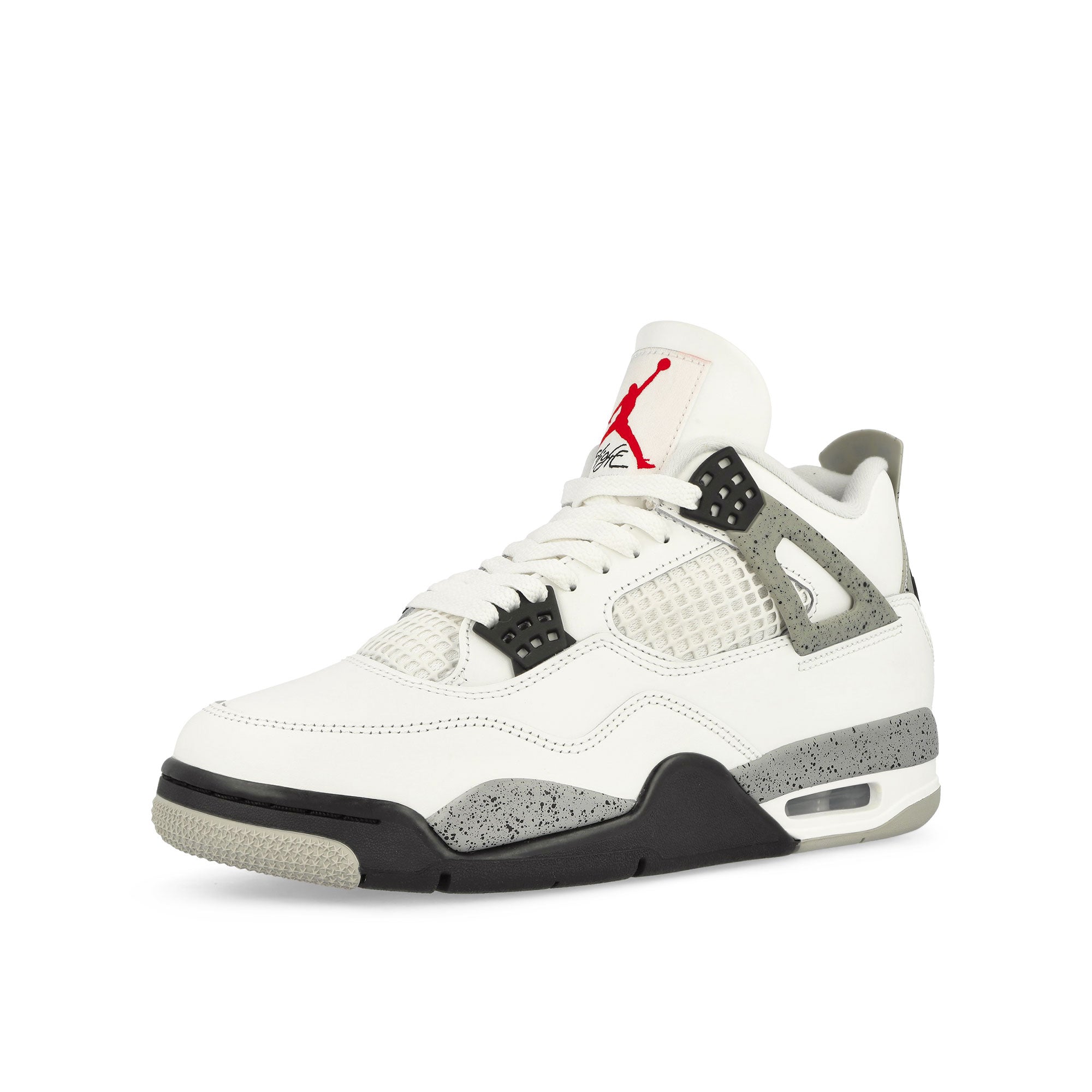 Jordan 4 Retro Summit White / Fire Red - Cement Grey - Black Low Top Sneakers Close Up | Overkill