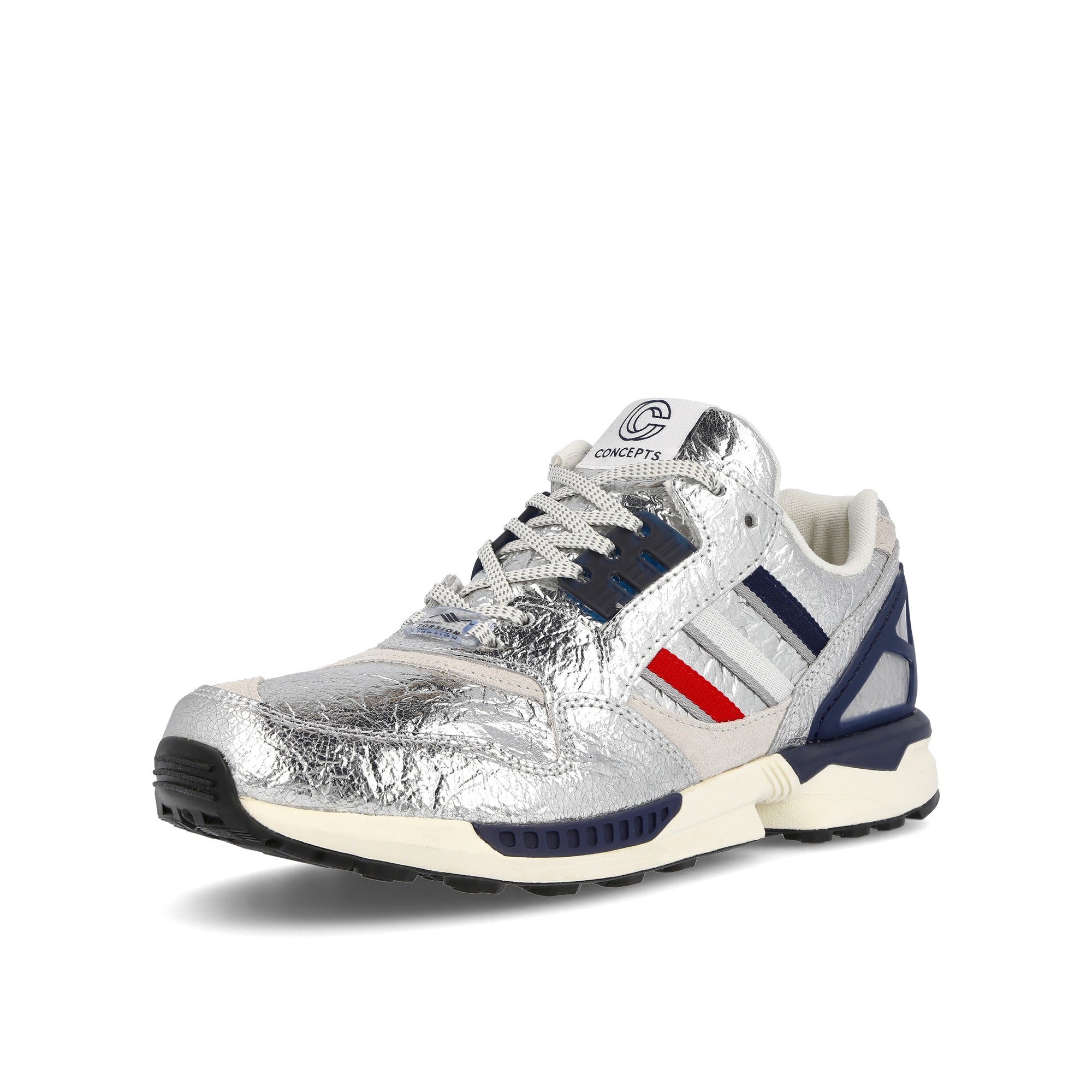 Concepts x adidas ZX 9000 Boston Marathon Silver Metallic / Scarlet / Collegiate Navy Low Top Sneakers FX9966 Close-up | Overkill