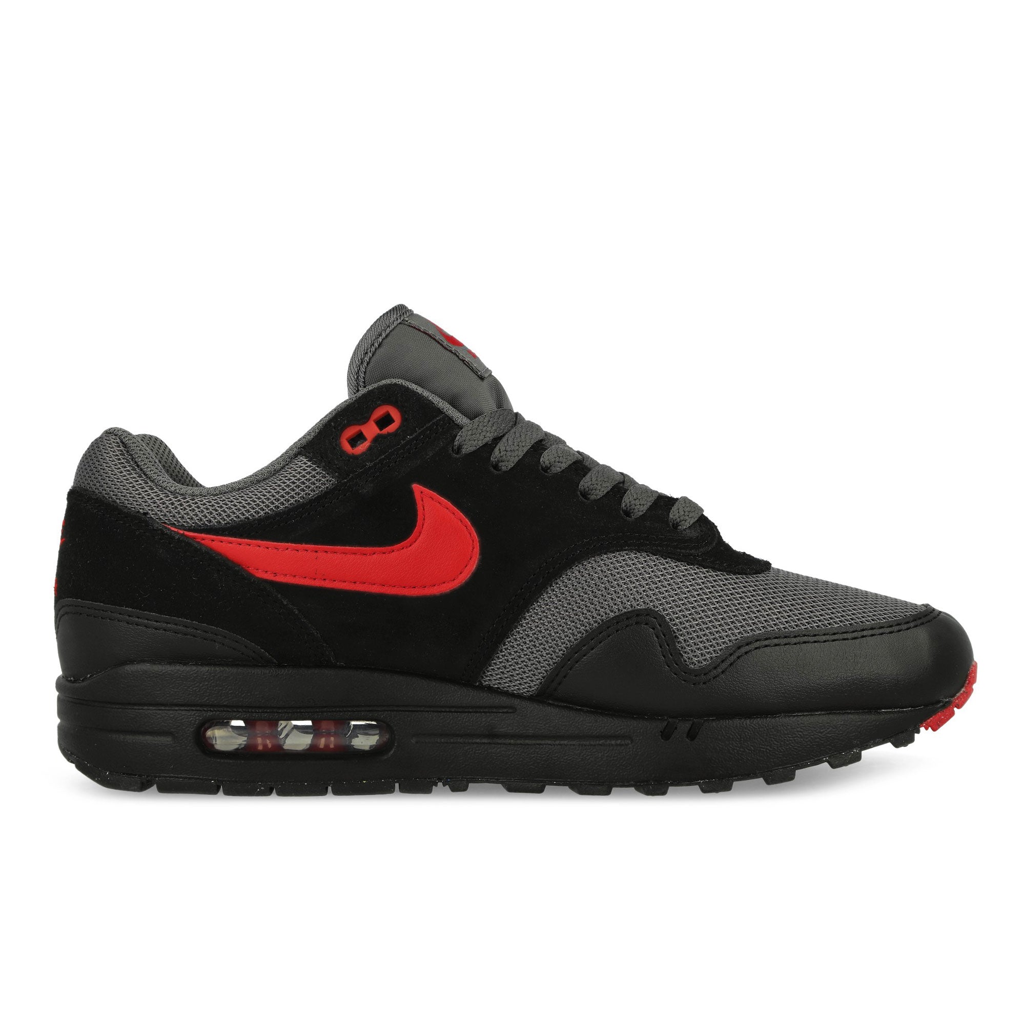 Nike Air Max 1 Essential Black / University Red - Iron Grey Low Top Sneakers Silhouette | Overkill