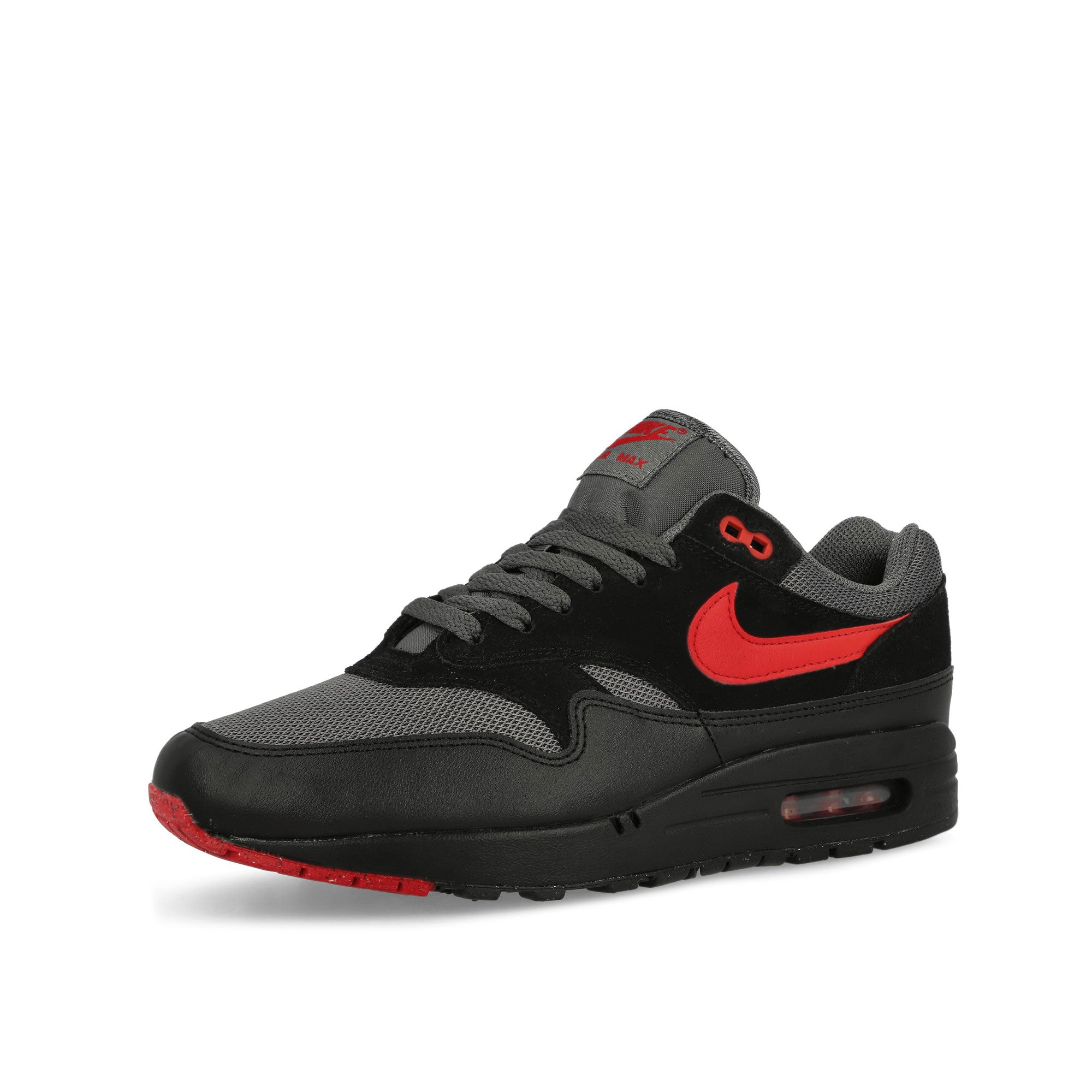 Nike Air Max 1 Essential Black / University Red - Iron Grey Low Top Sneakers Close Up | Overkill