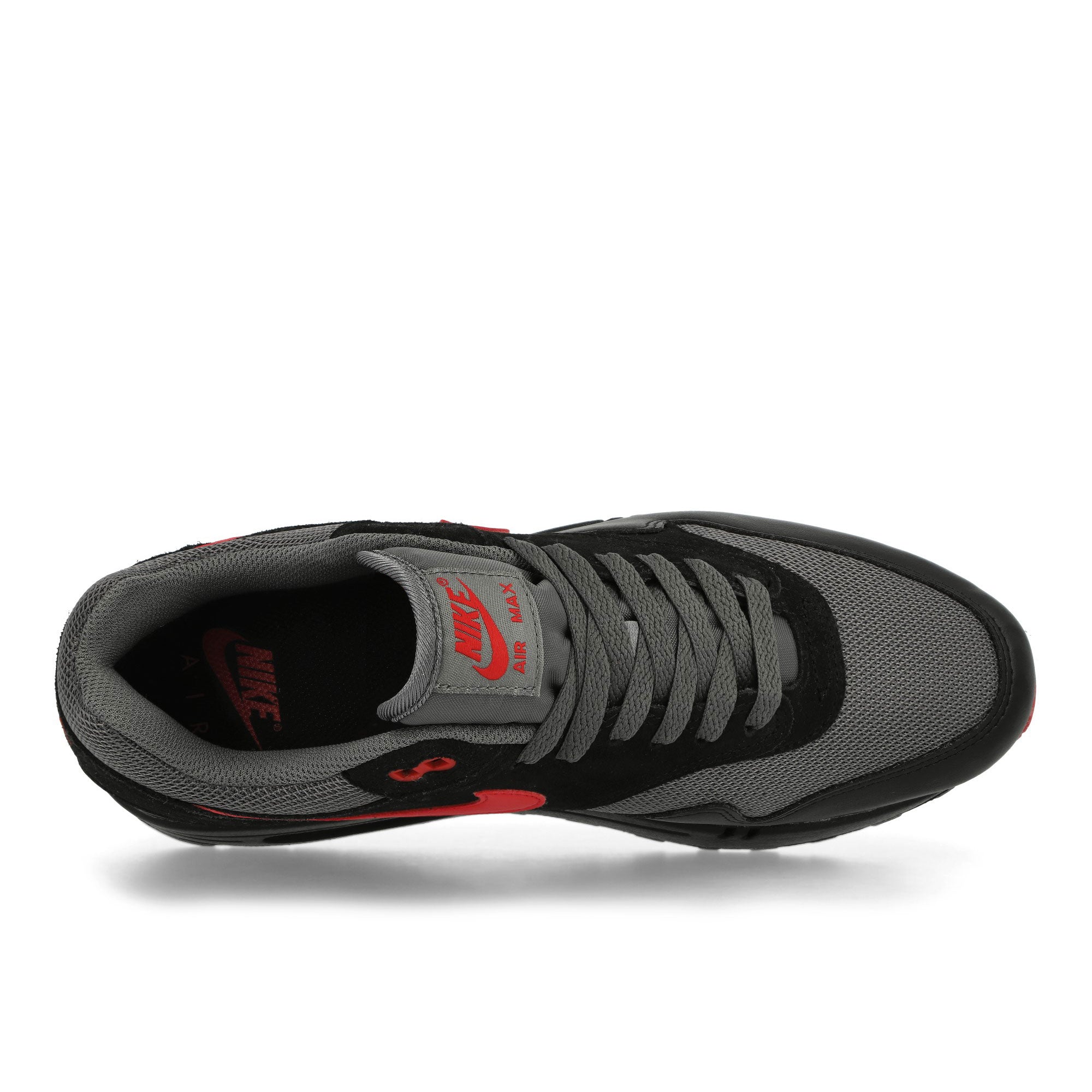 Nike Air Max 1 Essential Black / University Red - Iron Grey Low Top Sneakers Detailfoto | Overkill