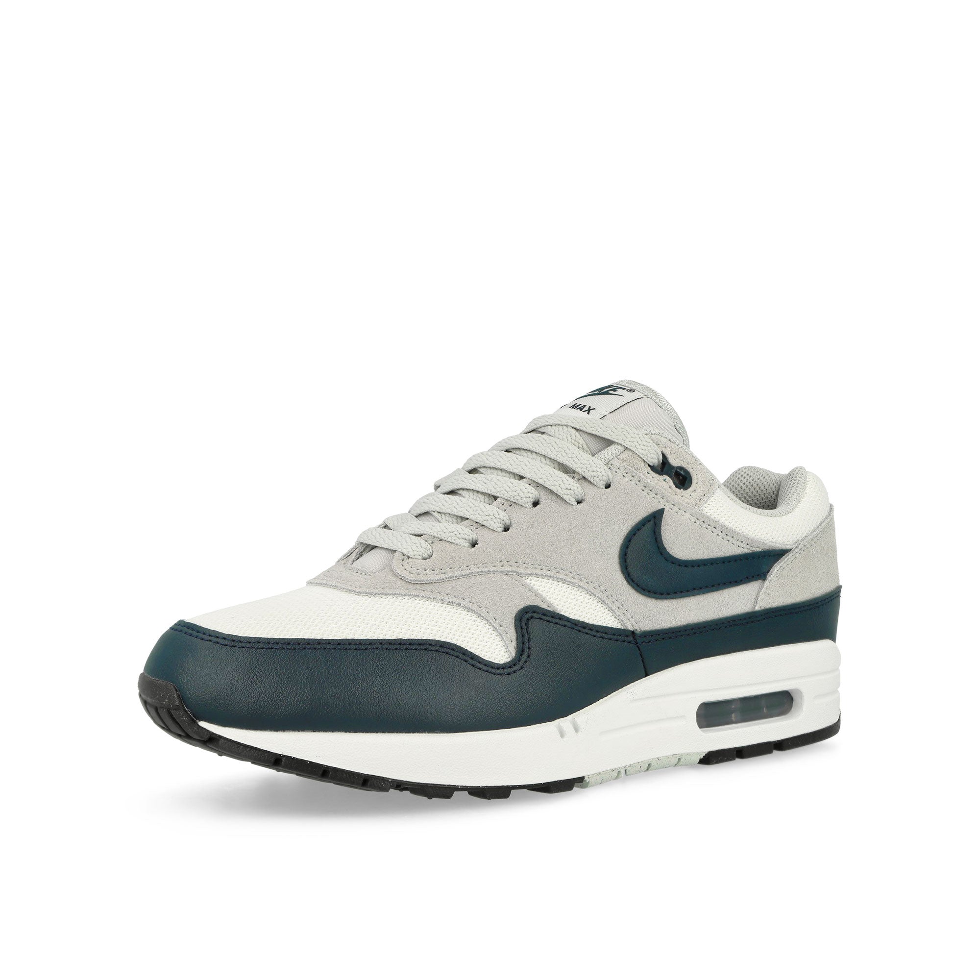 Nike Air Max 1 Essential Summit White / Armory Navy - Light Silver Low Top Sneakers Close Up | Overkill