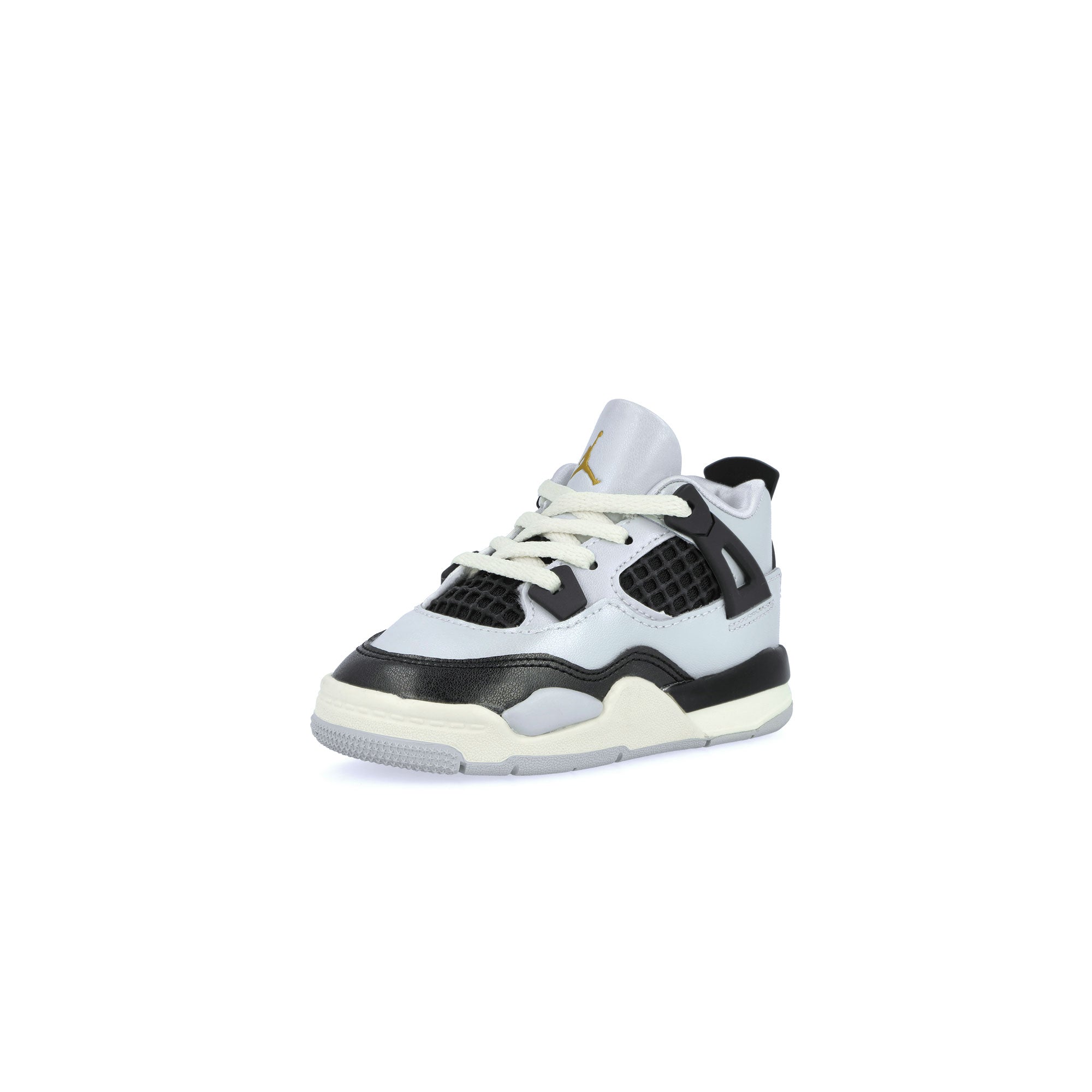 Jordan 4 Retro TD Pure Platinum / Metallic Gold-Black-Sail Mid Top Sneakers Close Up | Overkill