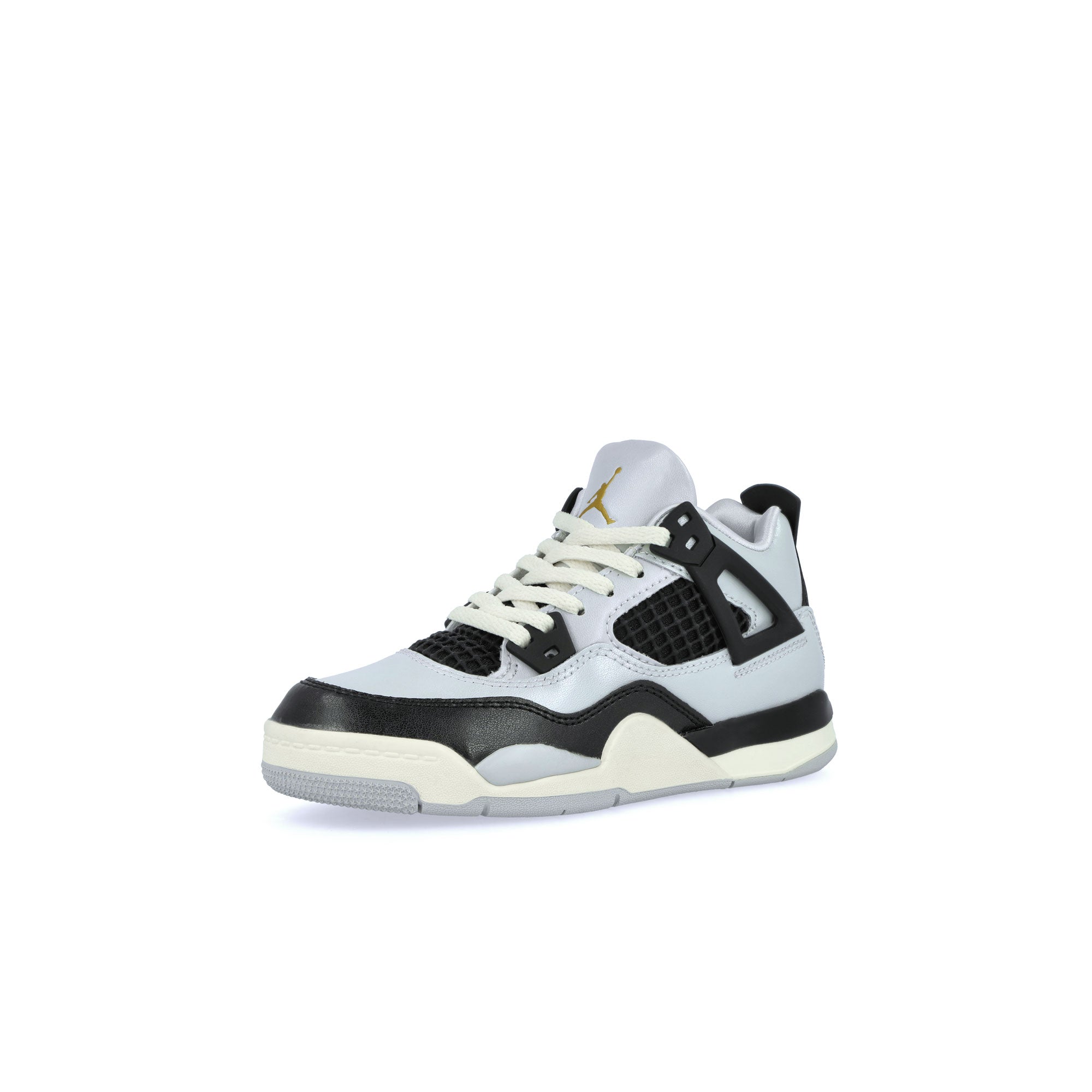 Jordan 4 Retro PS Pure Platinum / Metallic Gold-Black-Sail Mid Top Sneakers Close Up | Overkill