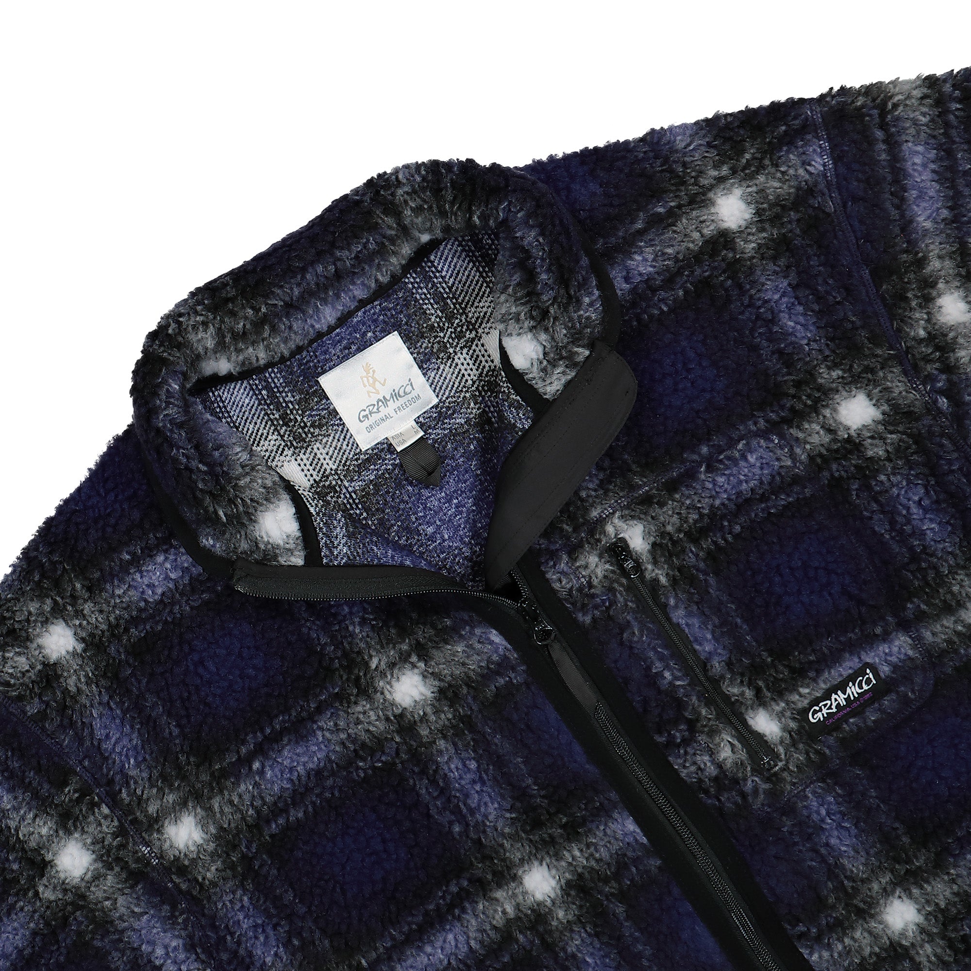 Gramicci Shadow Plaid Sherpa Jacket Purple Shadow Plaid Fleece Jackets Close-up | Overkill