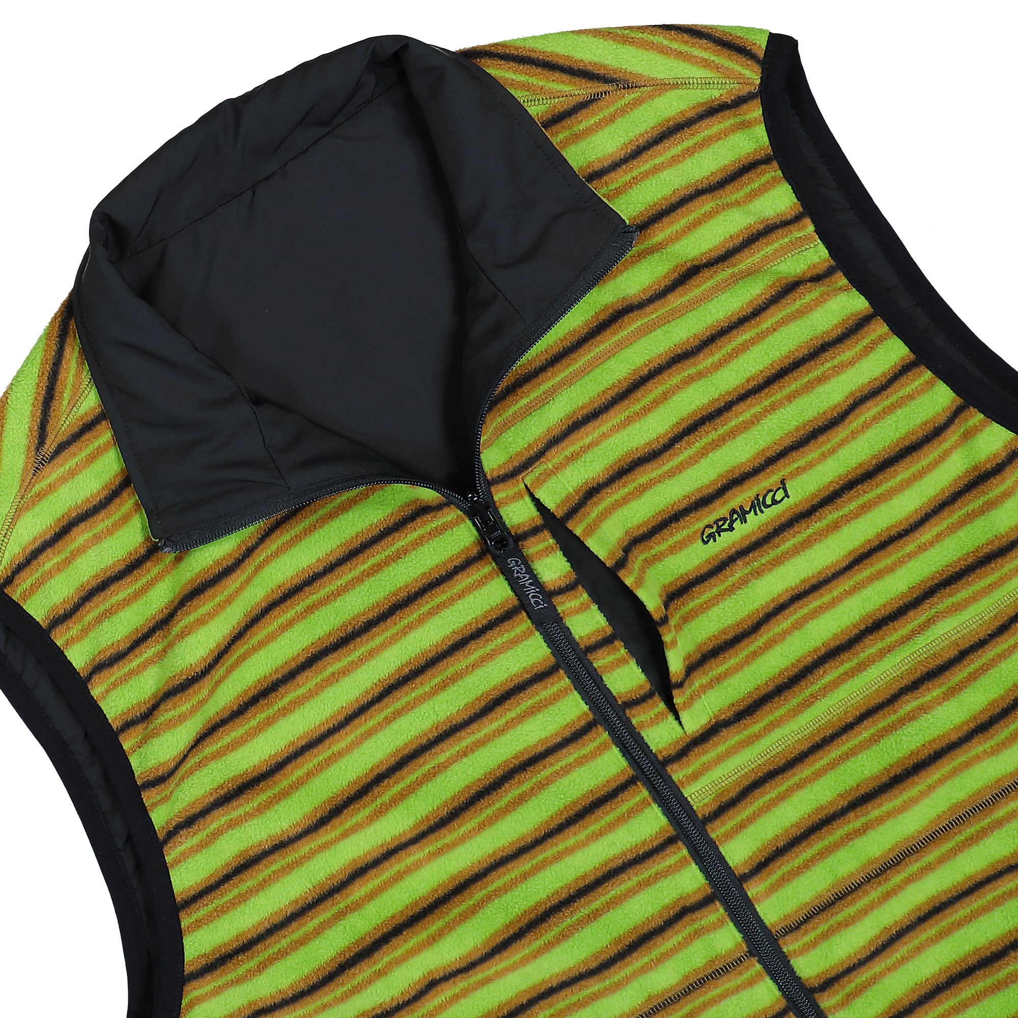 Gramicci Thermal Fleece Reversible Vest Chartreuse Stripe Vests G5FU-J005 Detail View 1 | Overkill