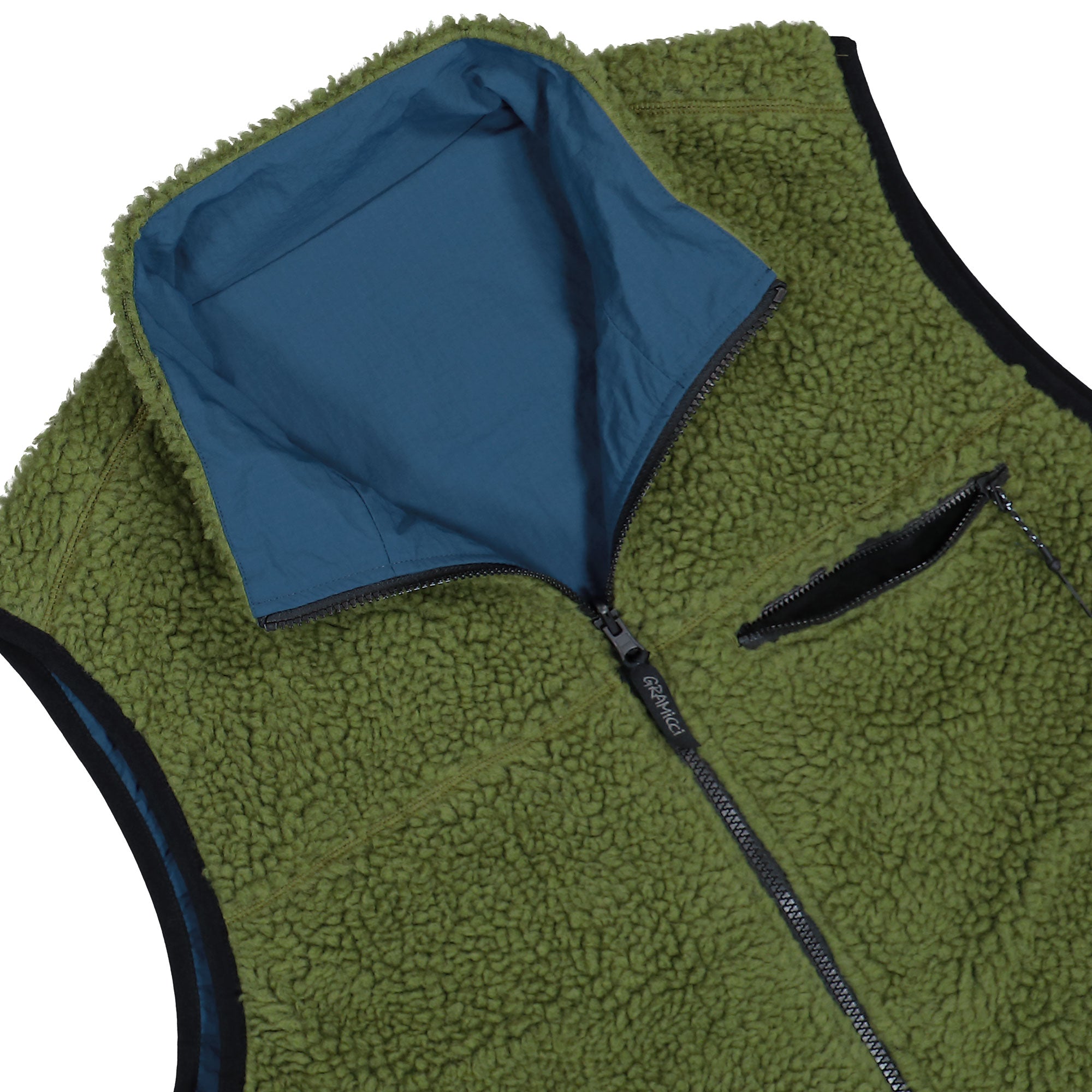 Gramicci Reversible Sherpa Vest Olive-Dusty Navy Vests G5FU-J015 Detail View 1 | Overkill