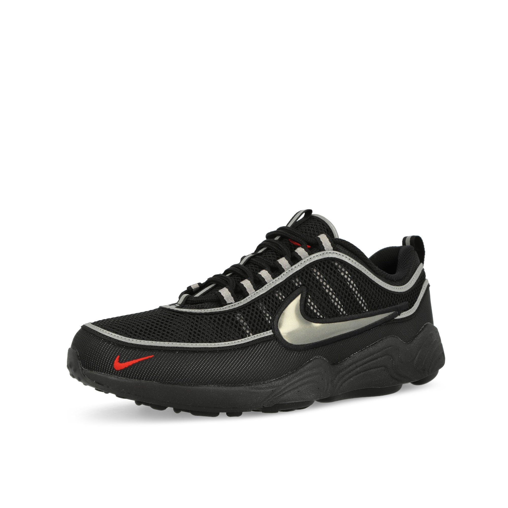 Nike Air Zoom Spiridon SP Black / Black - Metallic Silver - Sport Red Low Top Sneakers Close Up | Overkill