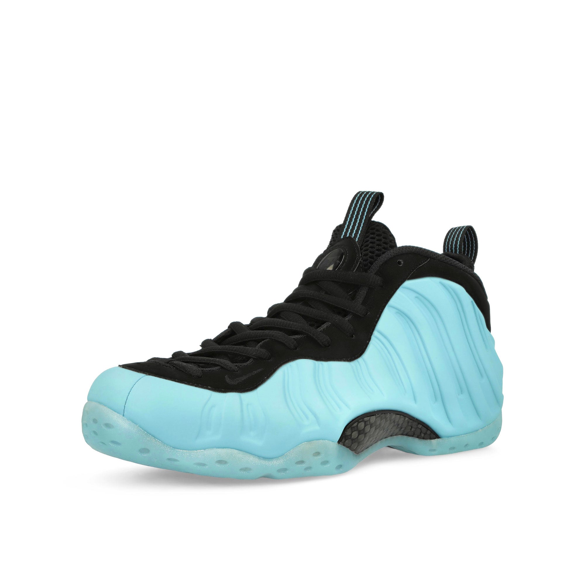 Nike Air Foamposite One Psychic Blue / Black Mid Top Sneakers Close Up | Overkill