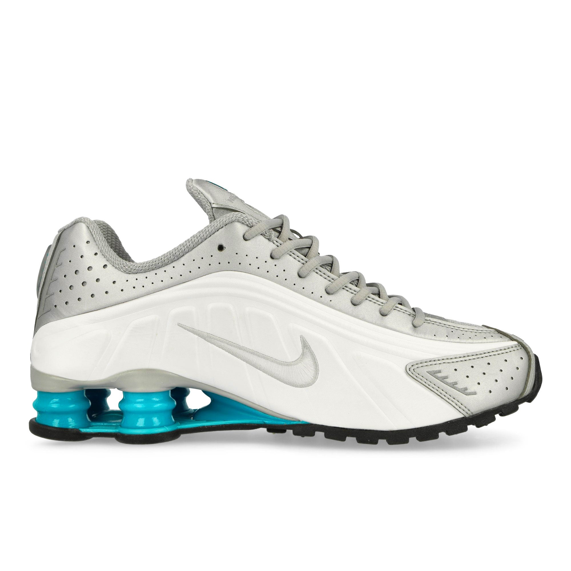 Nike Shox R4 Metallic Silver / Blue Lagoon - White Low Top Sneakers Silhouette | Overkill