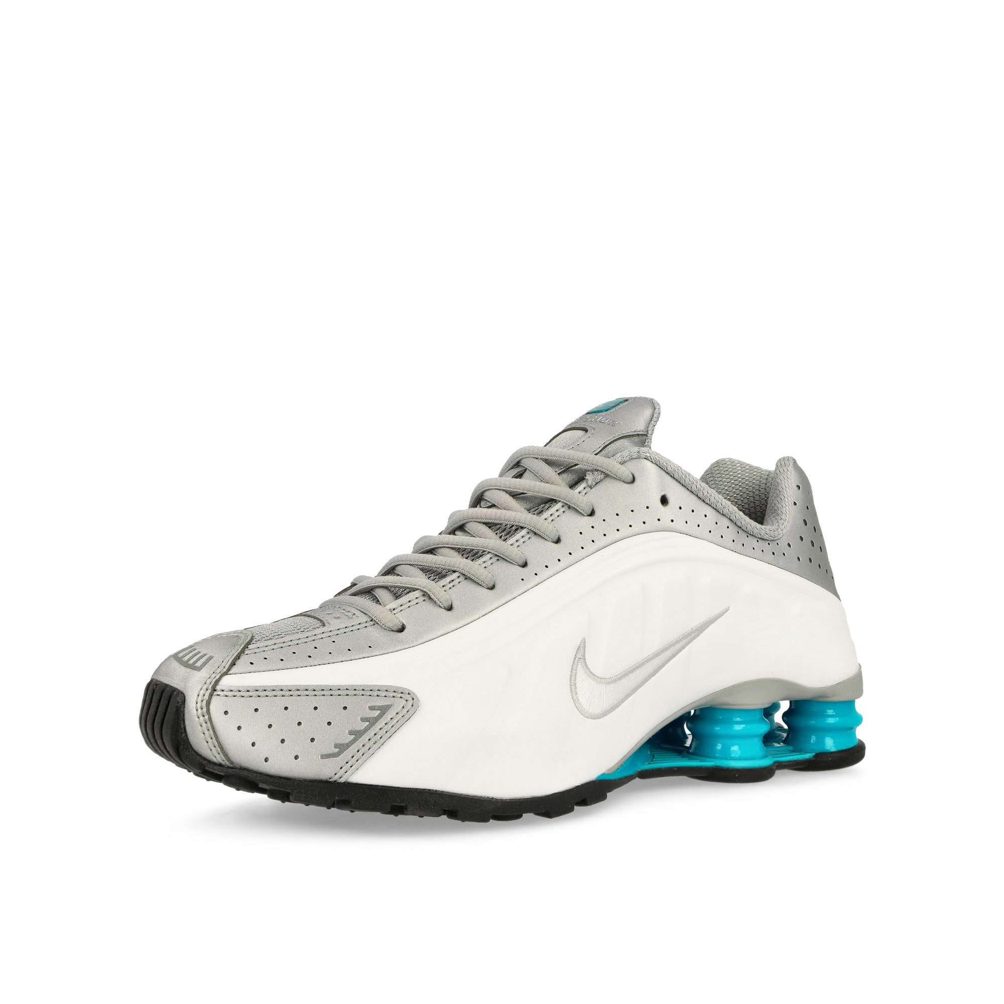 Nike Shox R4 Metallic Silver / Blue Lagoon - White Low Top Sneakers Close Up | Overkill