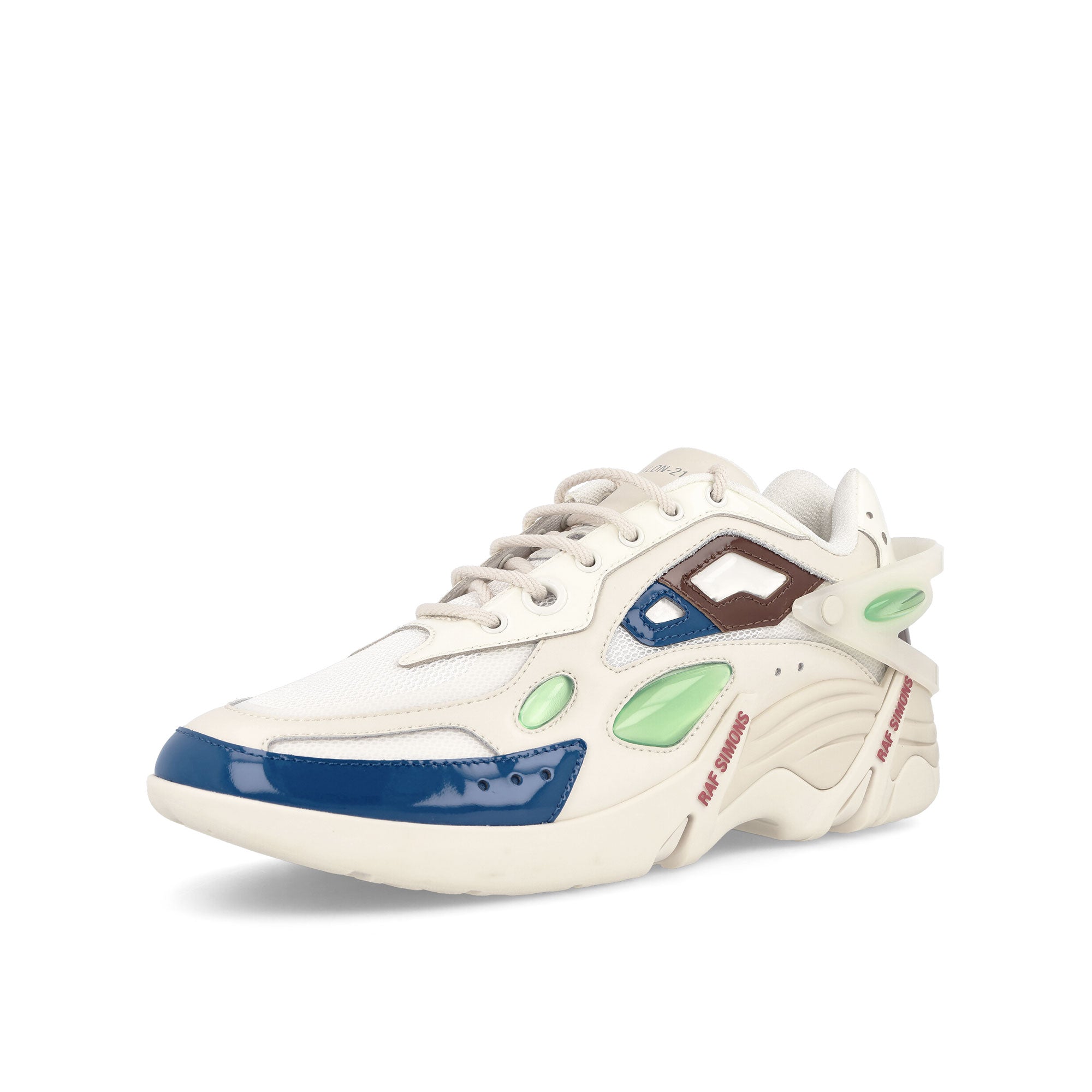 Raf Simons Cylon-21 Cream Brown Blue Low Top Sneakers Close Up | Overkill