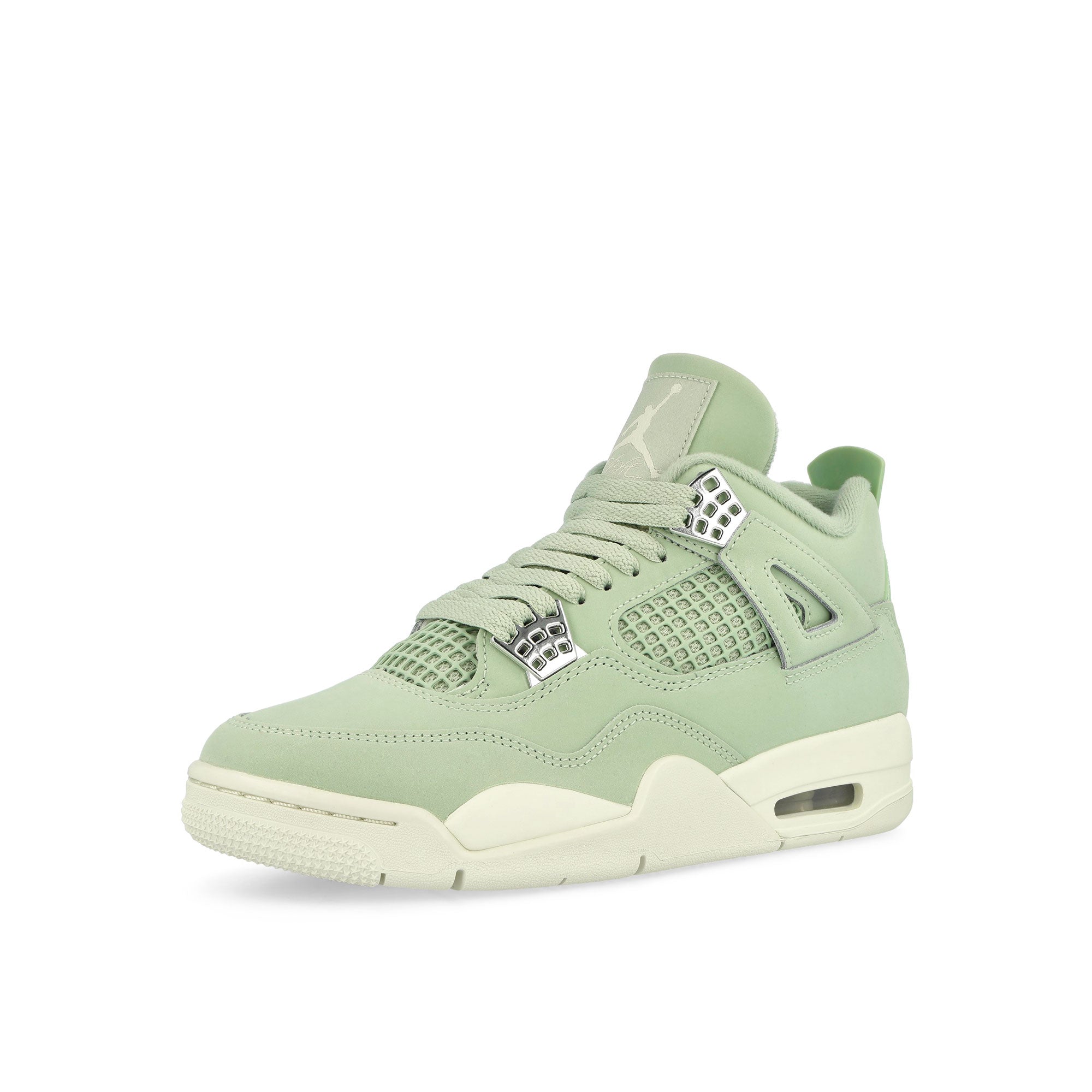 Jordan Wmns Air Jordan 4 Seafoam / Sail - Metallic Silver Mid Top Sneakers Close Up | Overkill