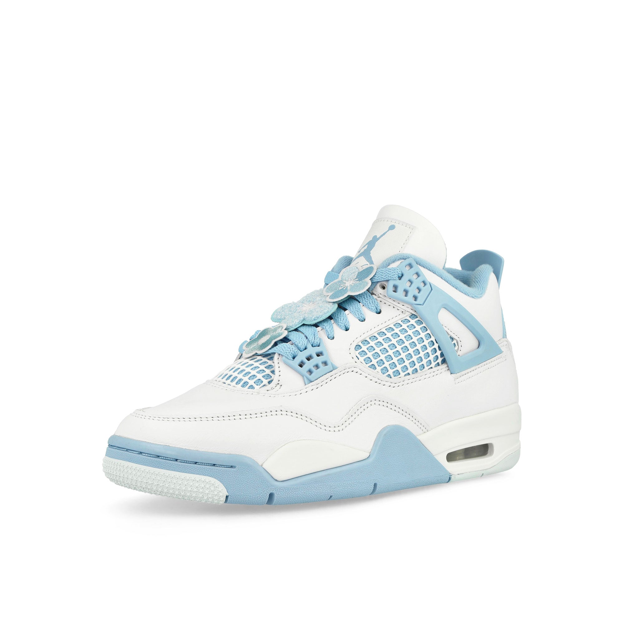 Jordan Wmns Air Jordan 4 Retro White / Aluminum-Blue Tint-Oil Green High Top Sneakers Close Up | Overkill