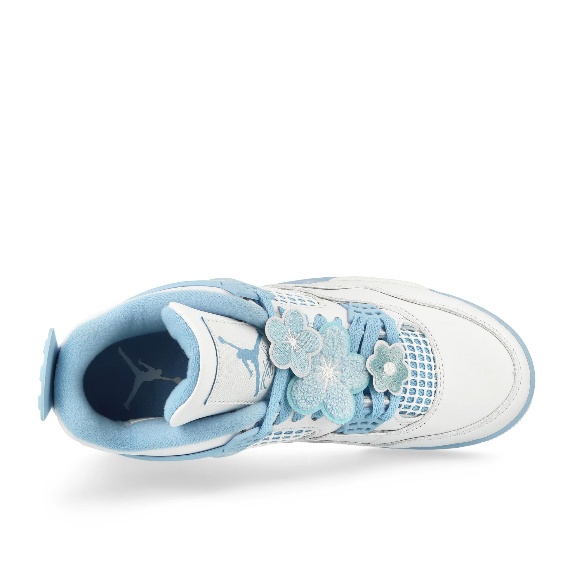 Jordan Wmns Air Jordan 4 Retro White / Aluminum-Blue Tint-Oil Green High Top Sneakers Detail View 1 | Overkill
