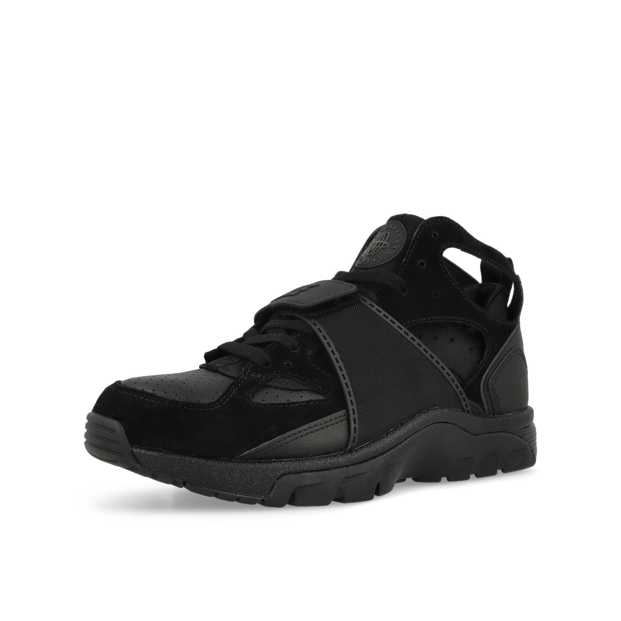 Nike Air Trainer Huarache Black / Black Mid Top Sneakers Close Up | Overkill
