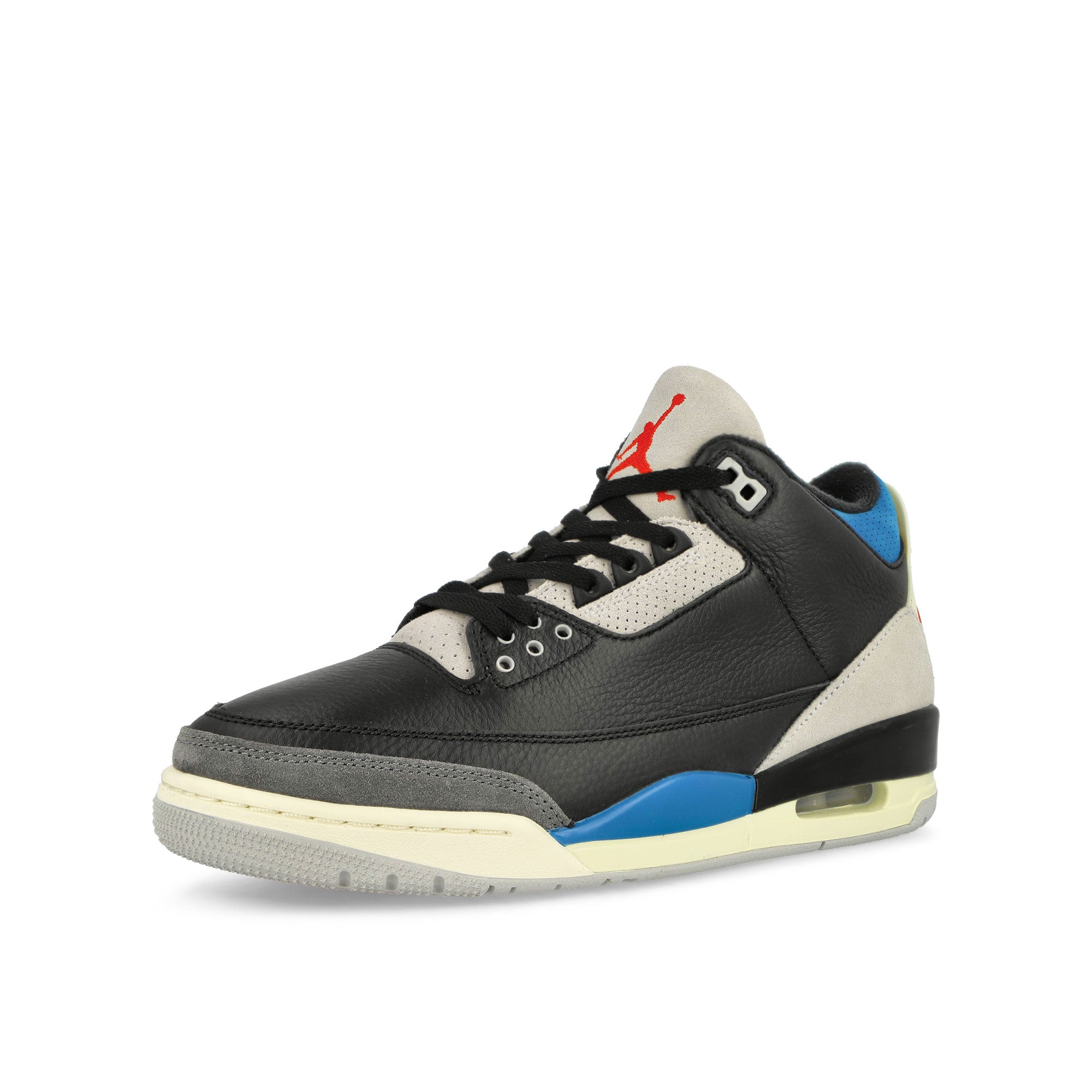 Jordan Air Jordan 3 Retro OG Black / Chile Red-Neutral Grey / Military Blue High Top Sneakers Close Up | Overkill