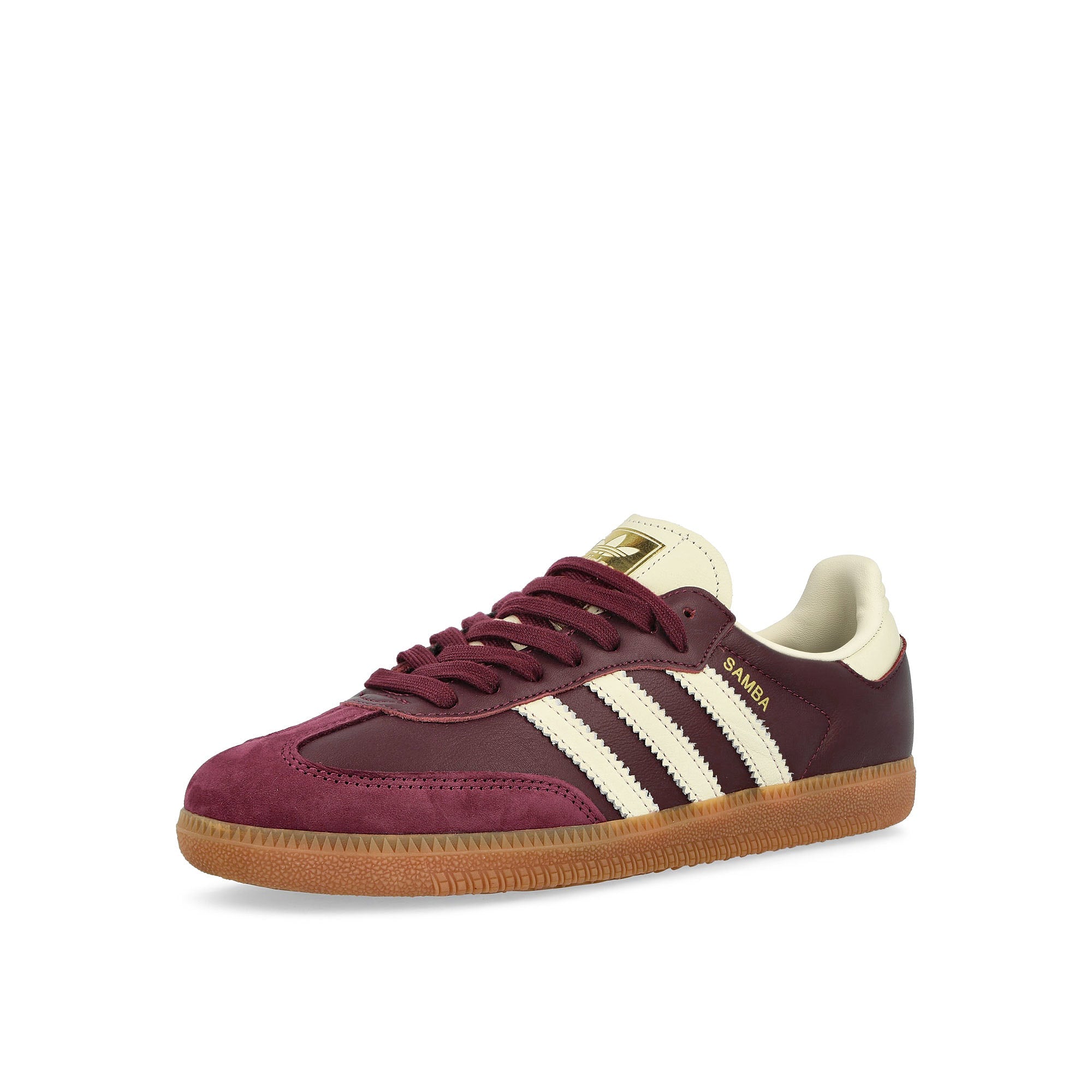 adidas Samba OG W Maroon / Cream White / Gold Metallic Low Top Sneakers Close Up | Overkill