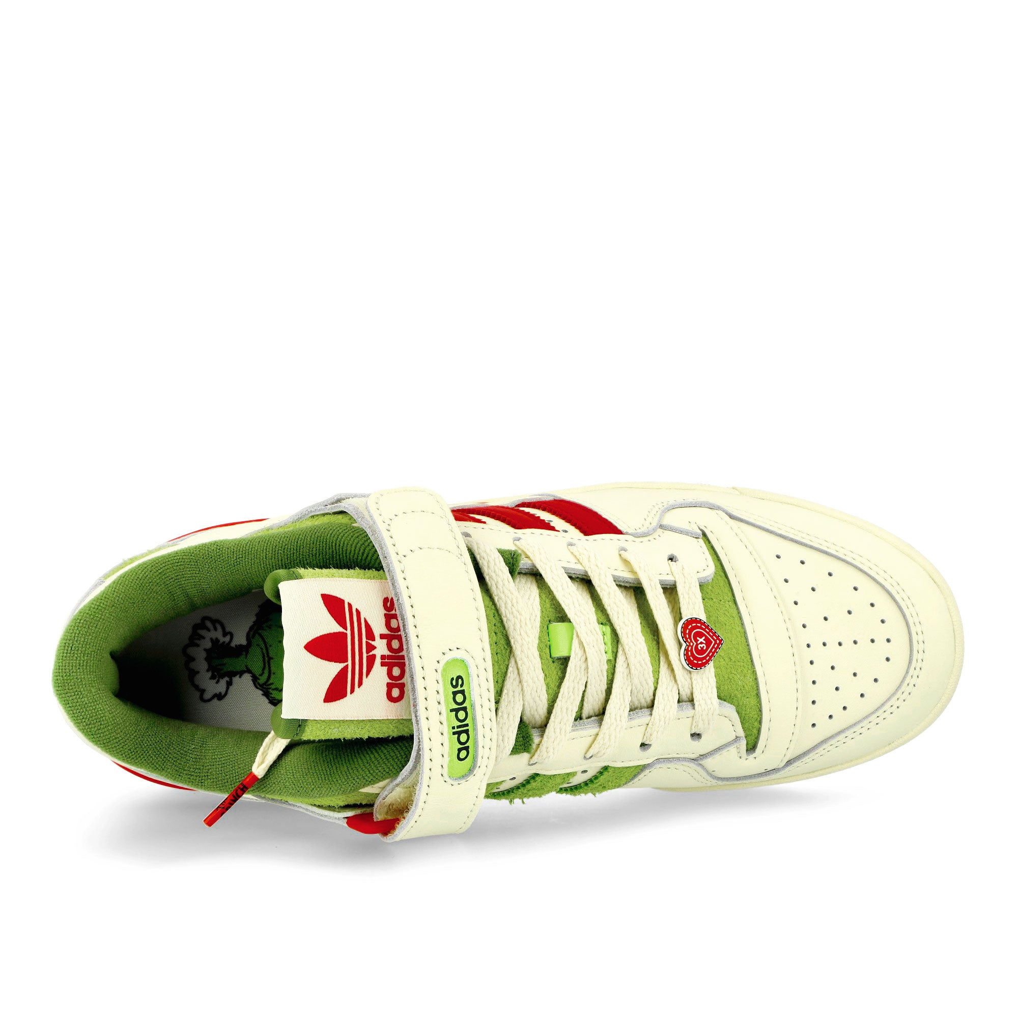 adidas Forum Low The Grinch Cream White / Collegiate Red / Solar Slime Low Top Sneakers Detail View 1 | Overkill