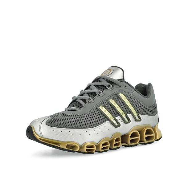 adidas Megaride Grey Four / Gold Metallic / Matte Silver Low Top Sneakers Close Up | Overkill