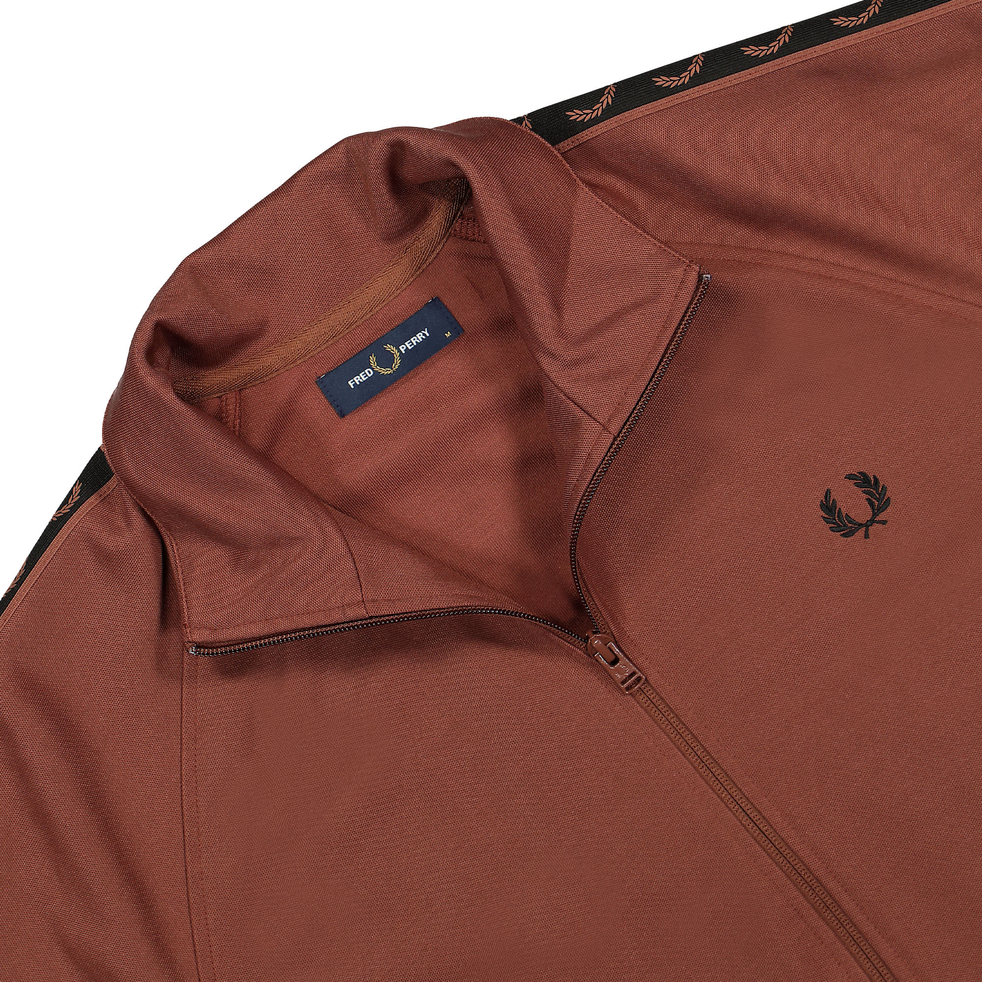 Fred Perry Contrast Tape Track Jacket Whiskey Brown / Black Track Jackets Close-up | Overkill