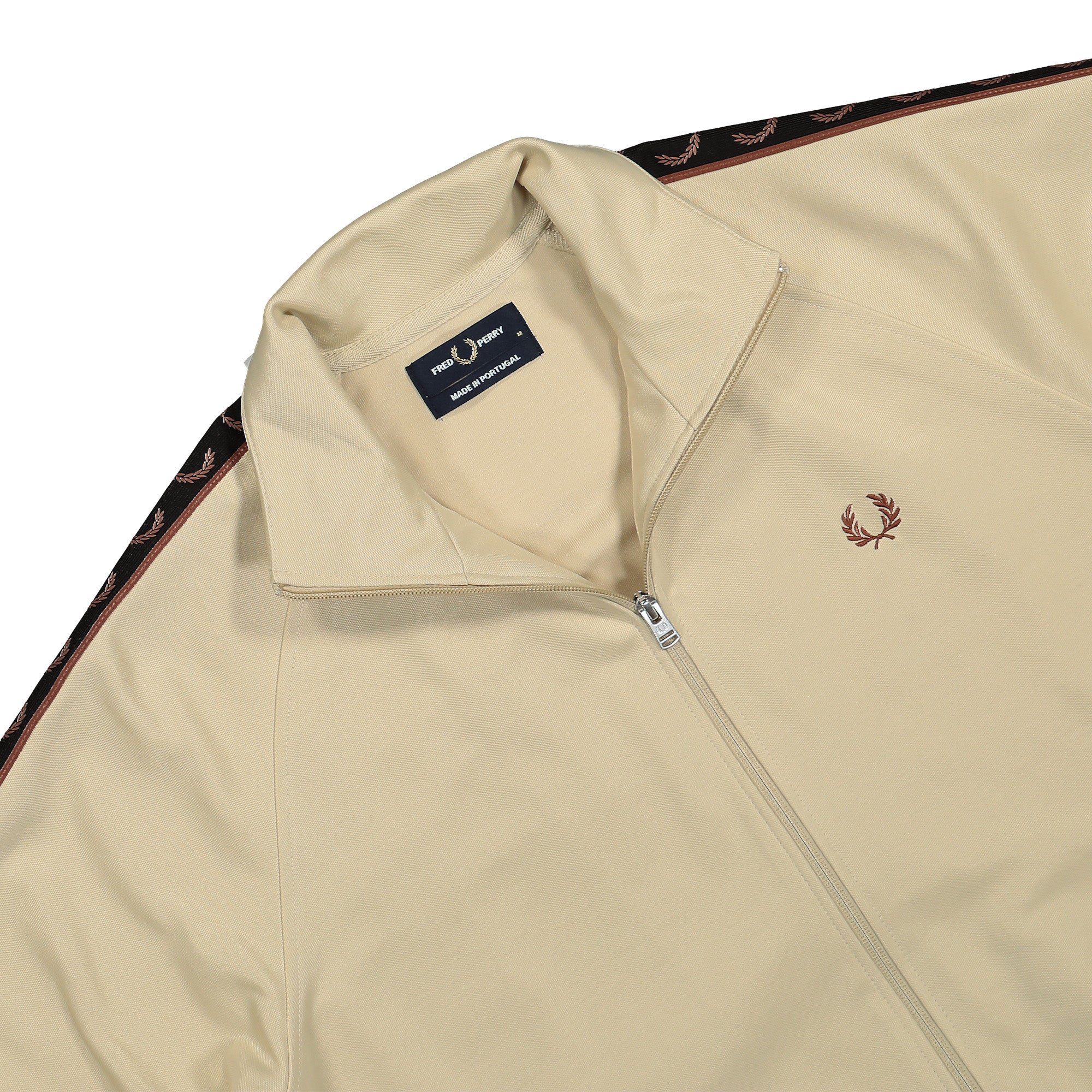 Fred Perry Contrast Tape Track Jacket Oatmeal / Whisky Brown Track Jackets Close-up | Overkill