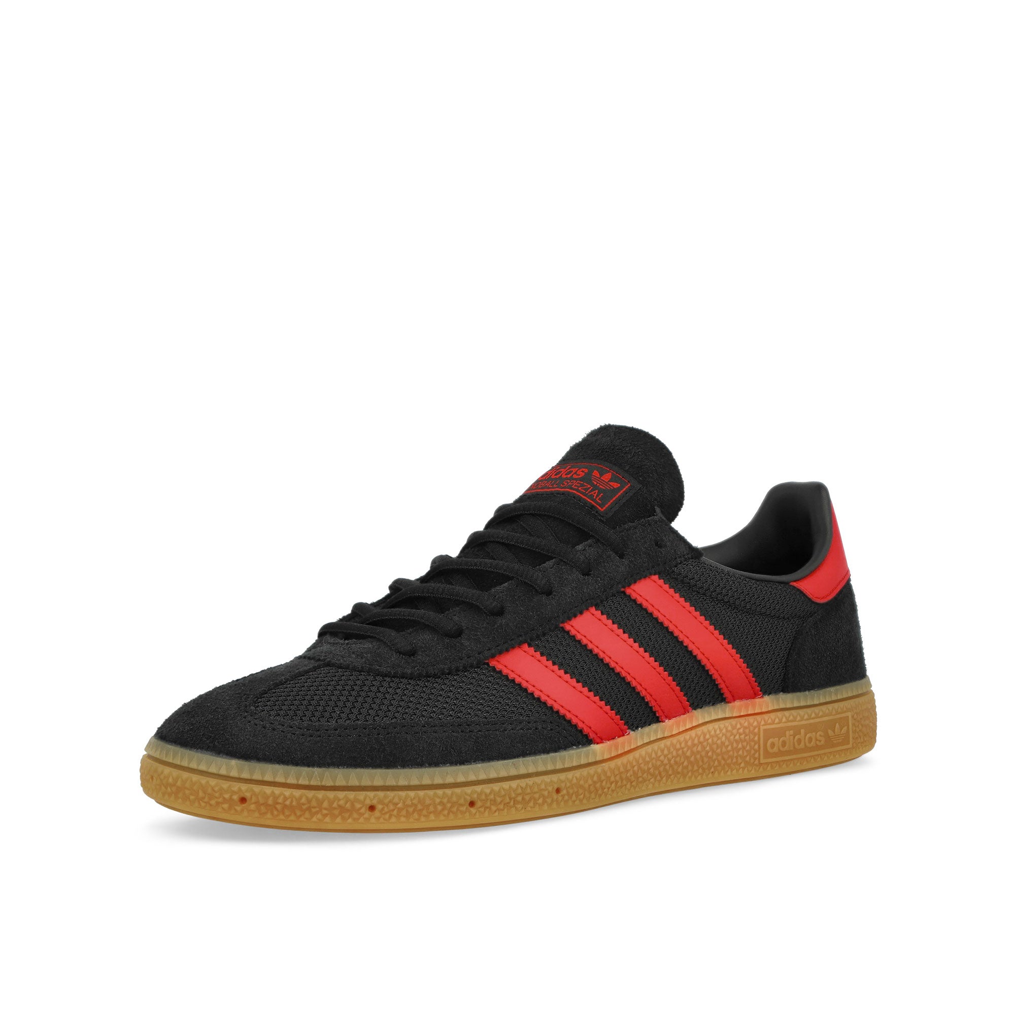adidas Handball Spezial Core Black / Better Scarlet / Gum 2 Low Top Sneakers Close Up | Overkill