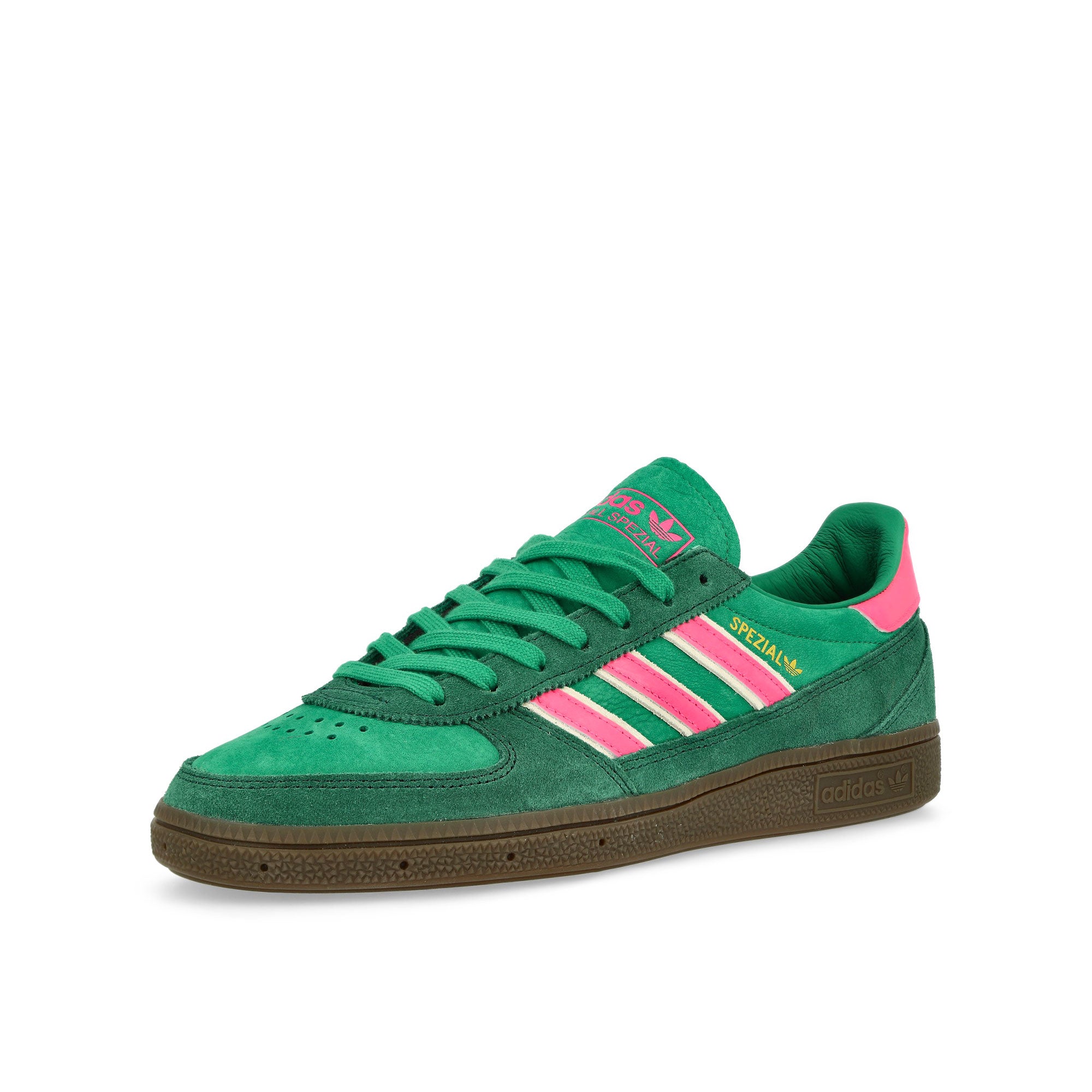 adidas Handball Spezial WM Court Green / Lucid Pink / Off White Low Top Sneakers Close Up | Overkill