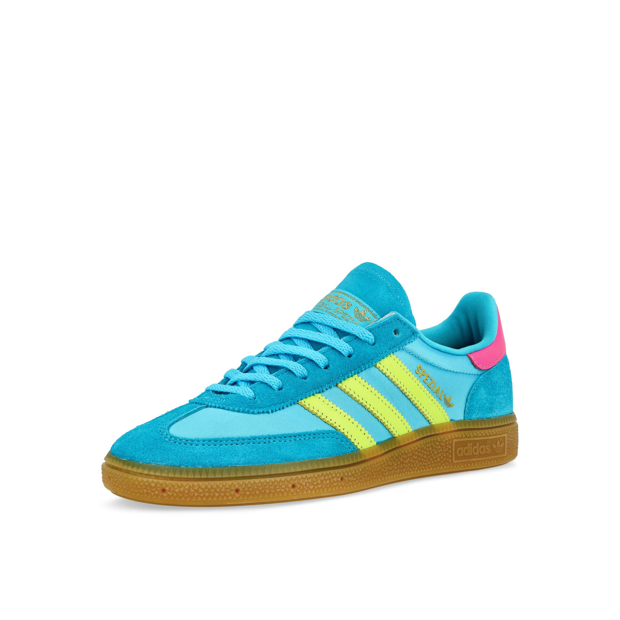 adidas Handball Spezial W Sky Rush / Solar Yellow / Lucid Pink Low Top Sneakers Close Up | Overkill