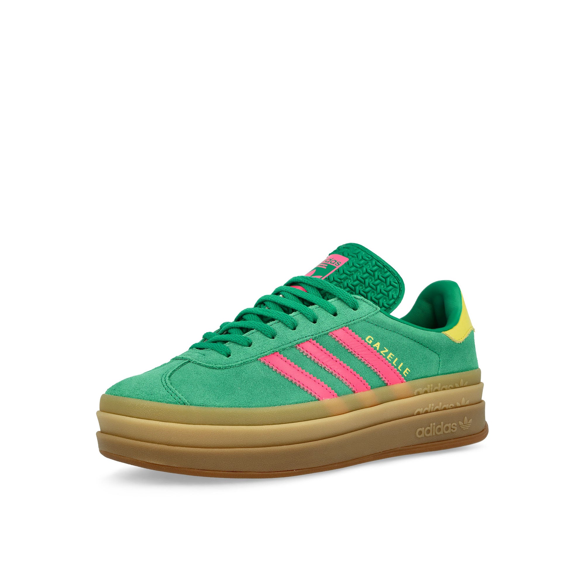adidas Gazelle Bold W Court Green / Lucid Pink / Pure Sulfur Low Top Sneakers Close Up | Overkill