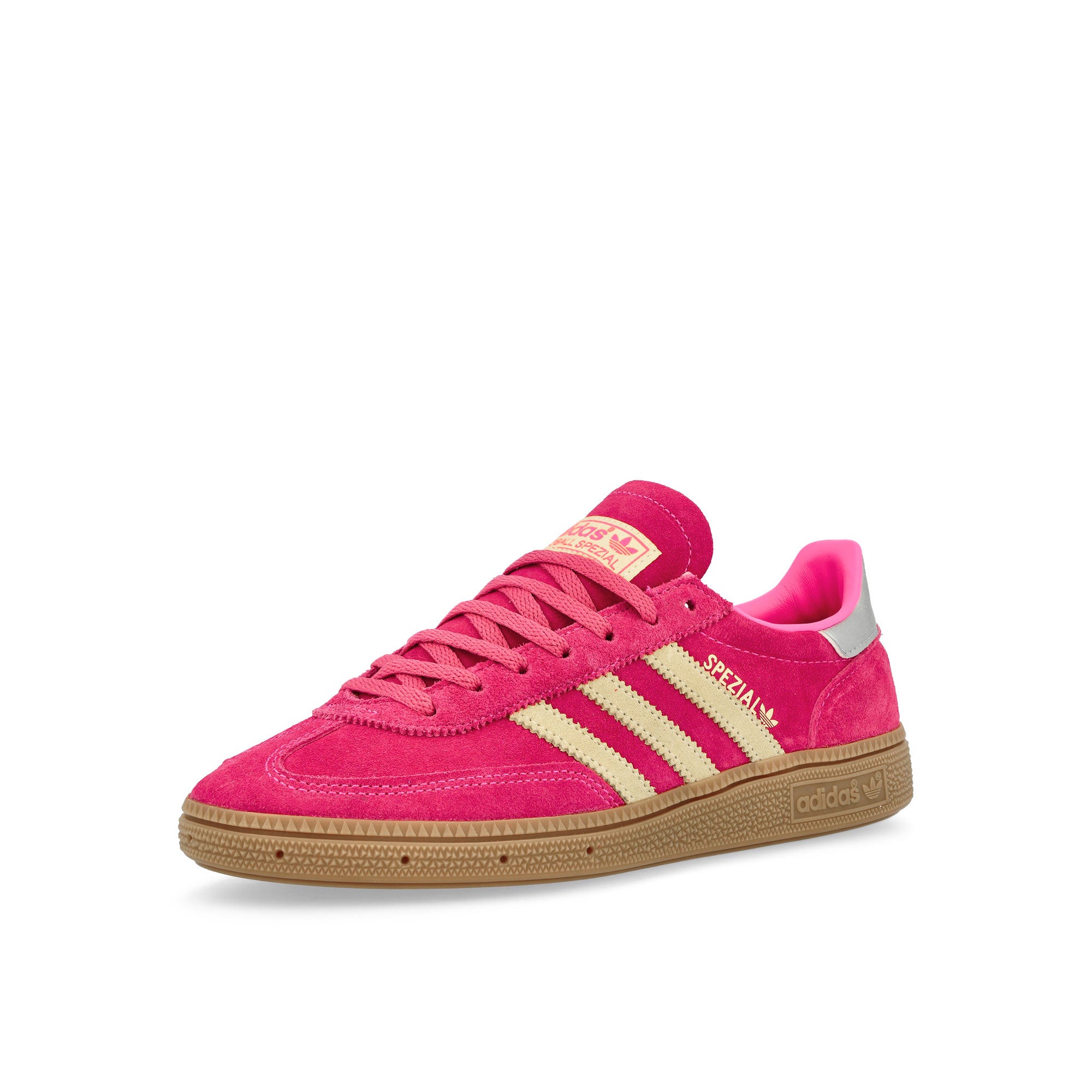 adidas Handball Spezial W Lucid Pink / Almost Yellow / Silver Metallic Low Top Sneakers Close Up | Overkill