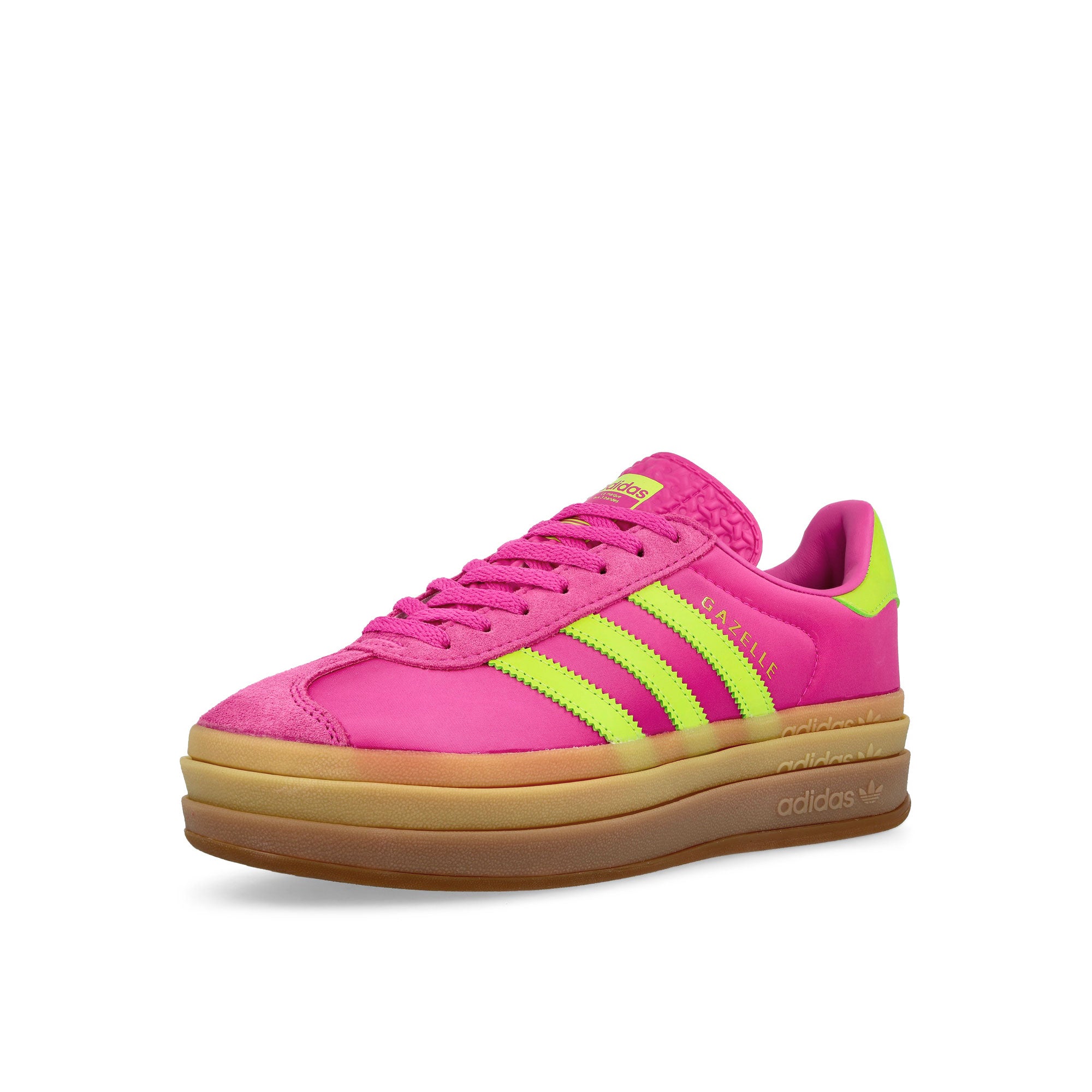 adidas Gazelle Bold W Semi Lucid Fuchsia / Solar Slime / Gold Metallic Low Top Sneakers Close Up | Overkill
