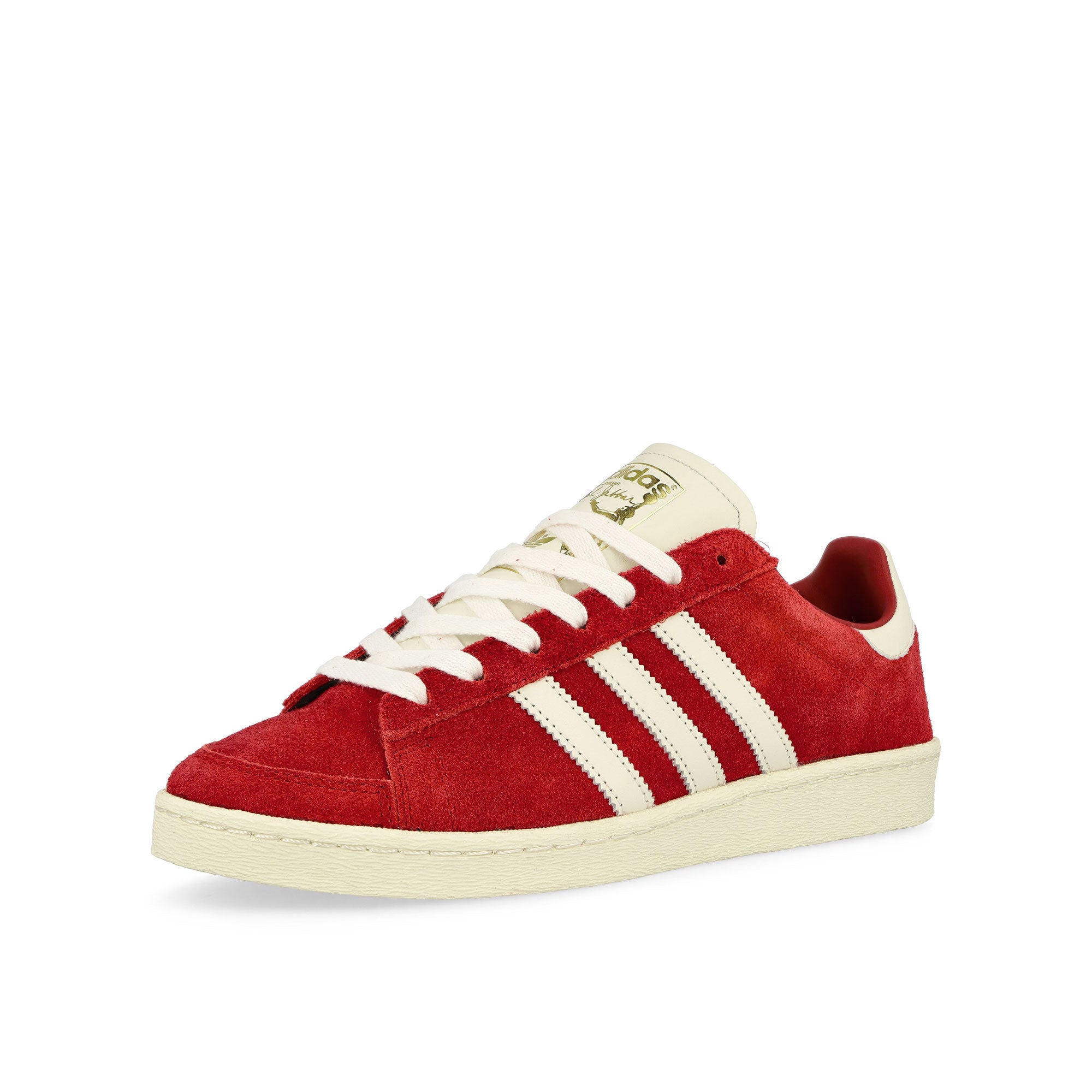 adidas Jabbar Lo Team Power Red 2 / Cream White / Gold Metallic Low Top Sneakers Close Up | Overkill