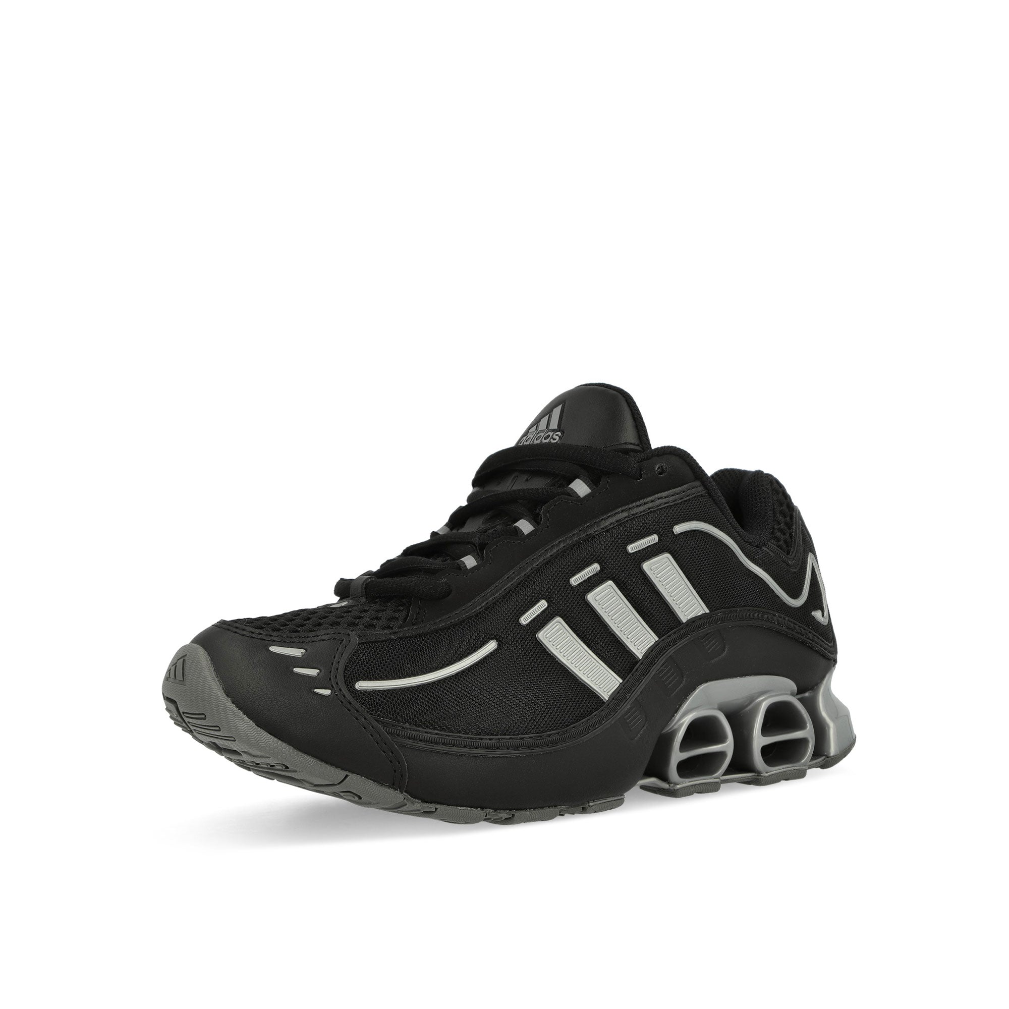 adidas Megaride O1 W Core Black / Grey Four / Iron Metallic Low Top Sneakers Close Up | Overkill