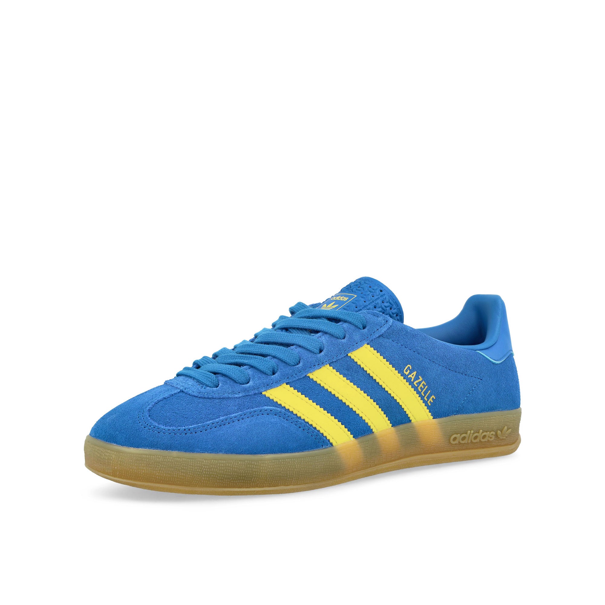 adidas Gazelle Indoor Blue / Pure Sulfur / Gum 3 Low Top Sneakers Close Up | Overkill