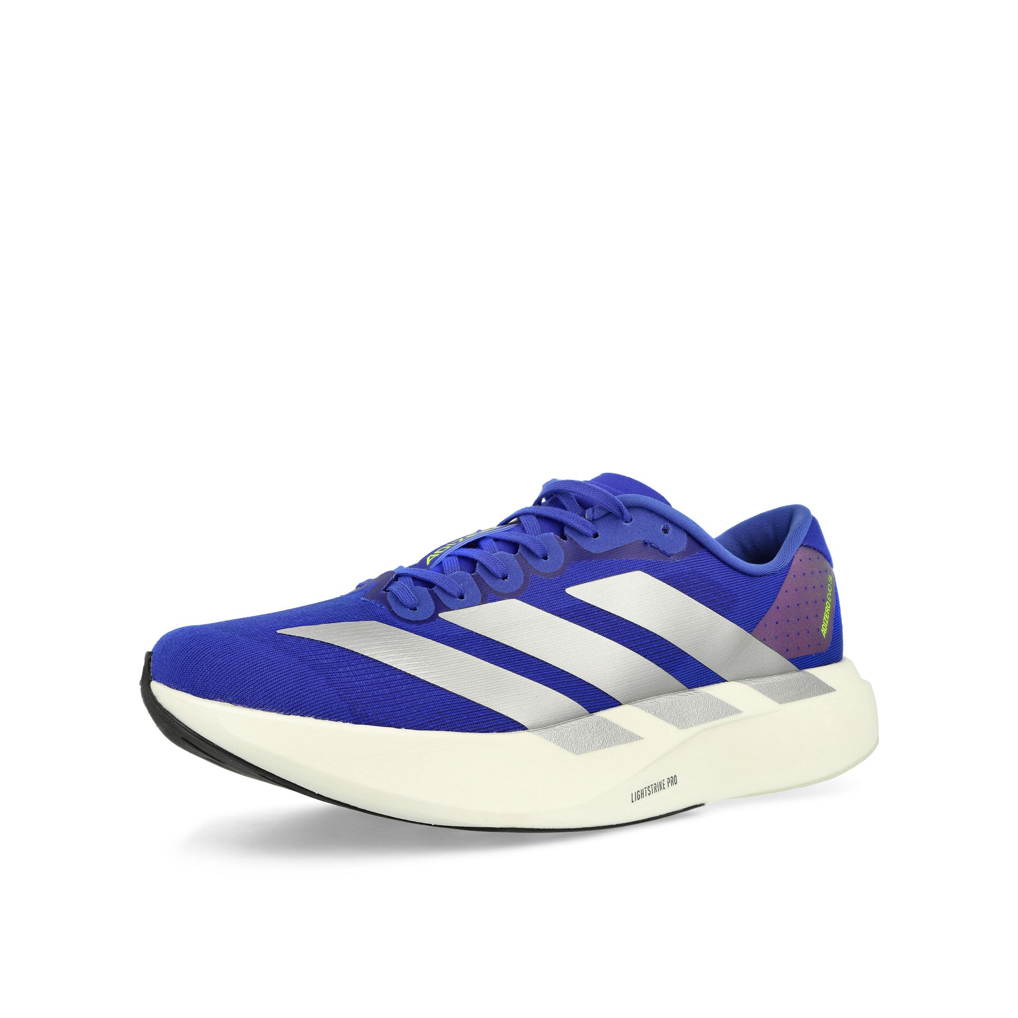 adidas adizero Evo SL M Lucid Blue / Silver Metallic / Lucid Lemon Low Top Sneakers Close Up | Overkill