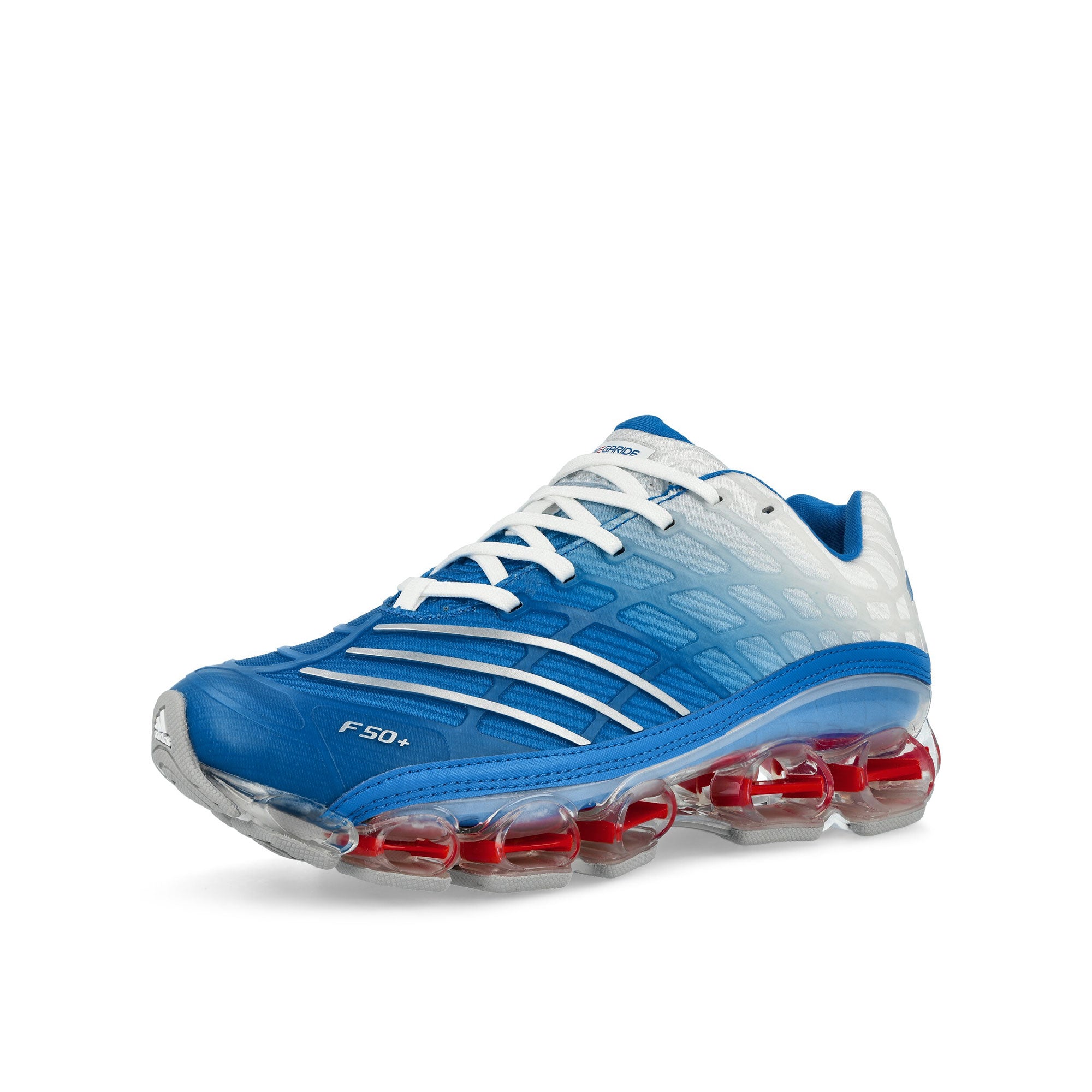 adidas Megaride F50 Blue Bird / Silver Metallic / Cloud White Low Top Sneakers JR4632 Close-up | Overkill