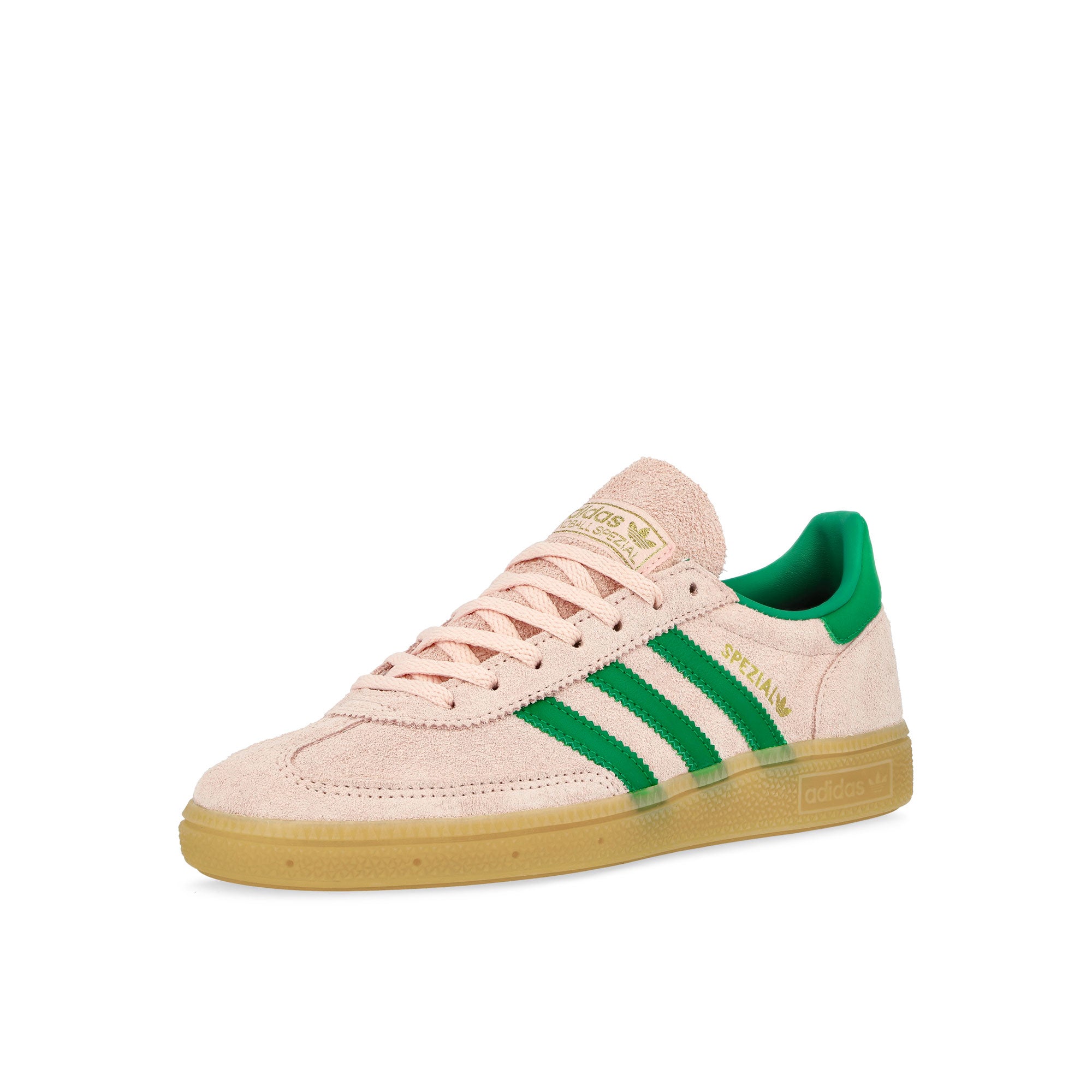 adidas Handball Spezial W Clear Pink / Green / Gold Metallic Low Top Sneakers Close Up | Overkill
