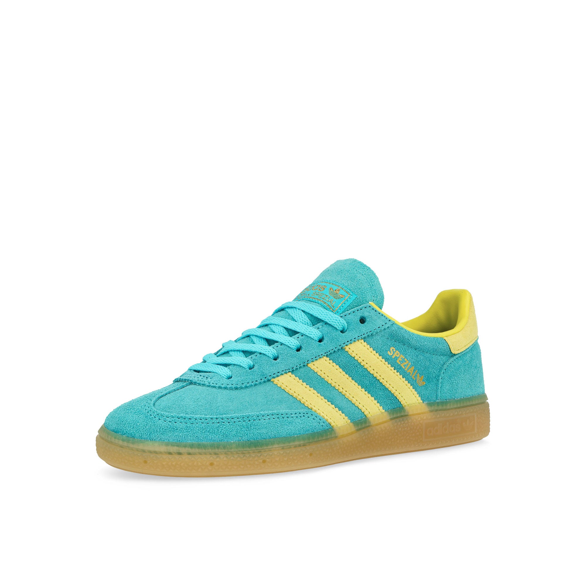 adidas Handball Spezial W Blue Glow / Bright Yellow / Gold Metallic Low Top Sneakers Close Up | Overkill