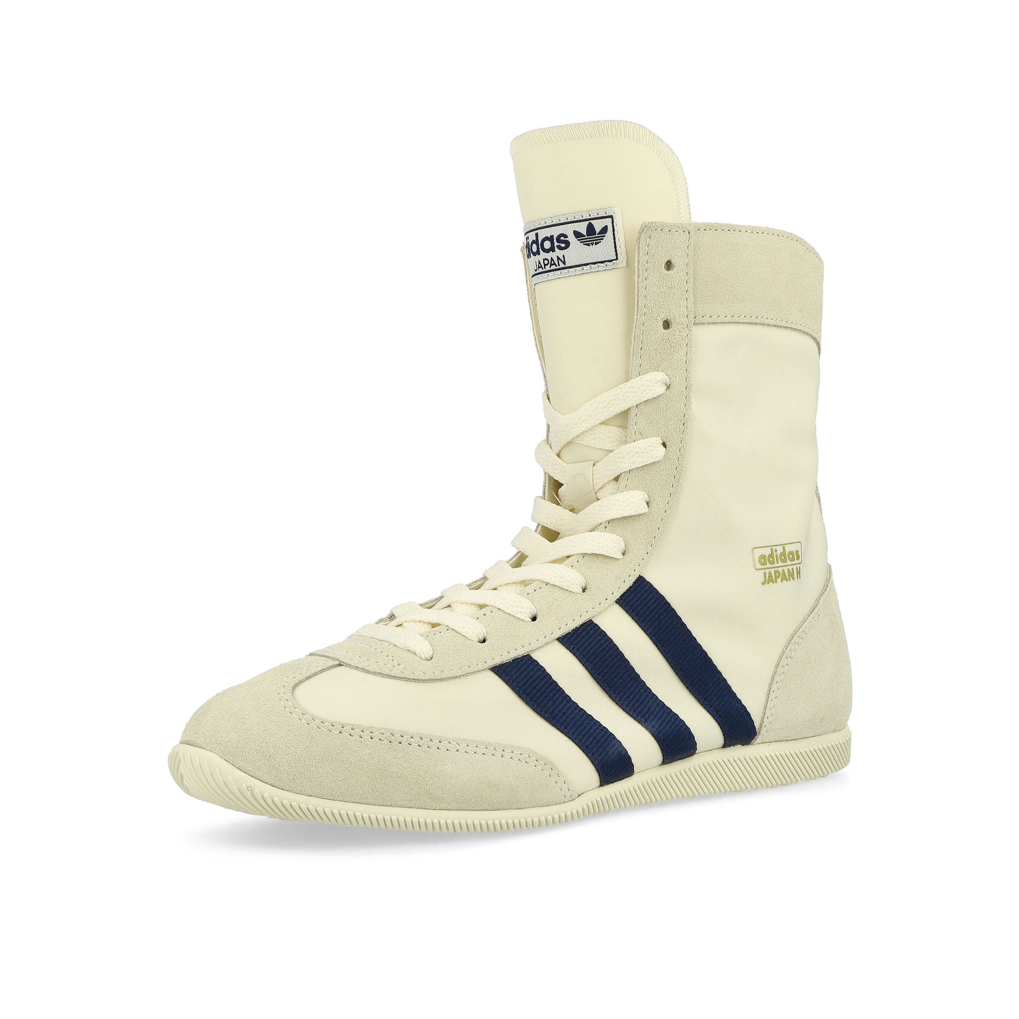 adidas Japan H W Cream White / Dark Blue / Gold Metallic High Top Sneakers Close Up | Overkill