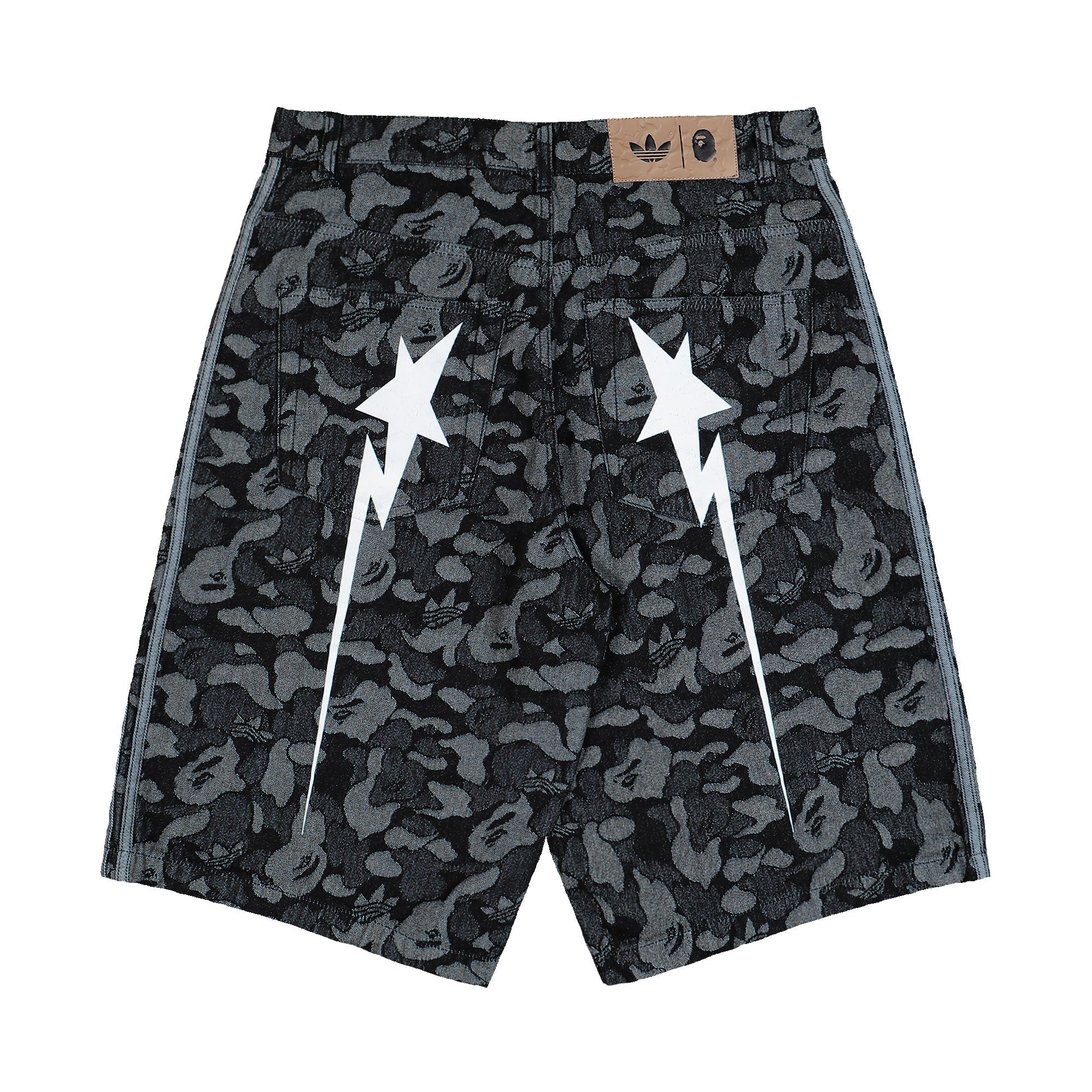 BAPE x adidas Shark Denim Jorts Black Shorts KF4917 Close-up | Overkill