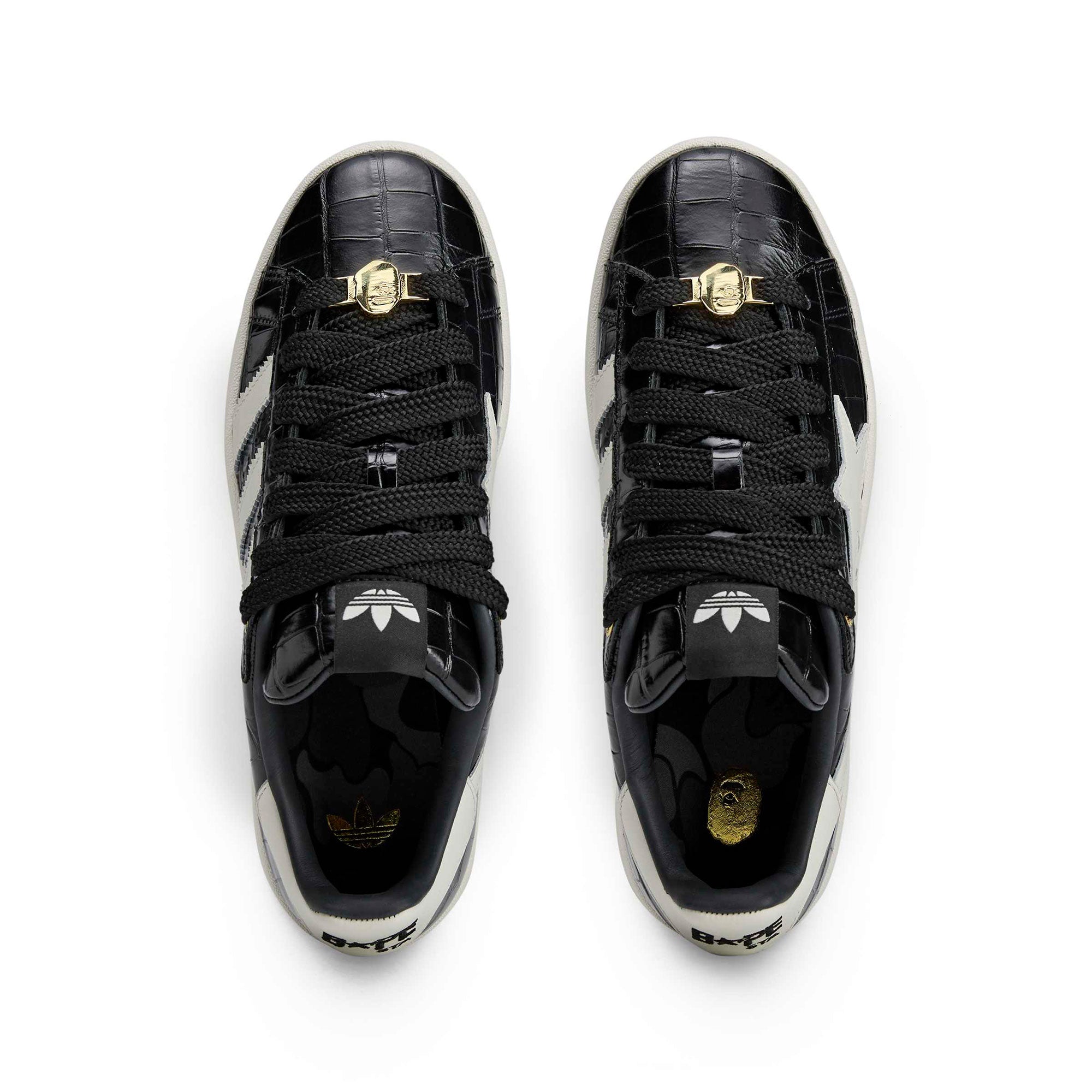 BAPE x adidas Campus 00s Core Black / Off White / Gold Metallic Low Top Sneakers KJ8851 Close-up | Overkill