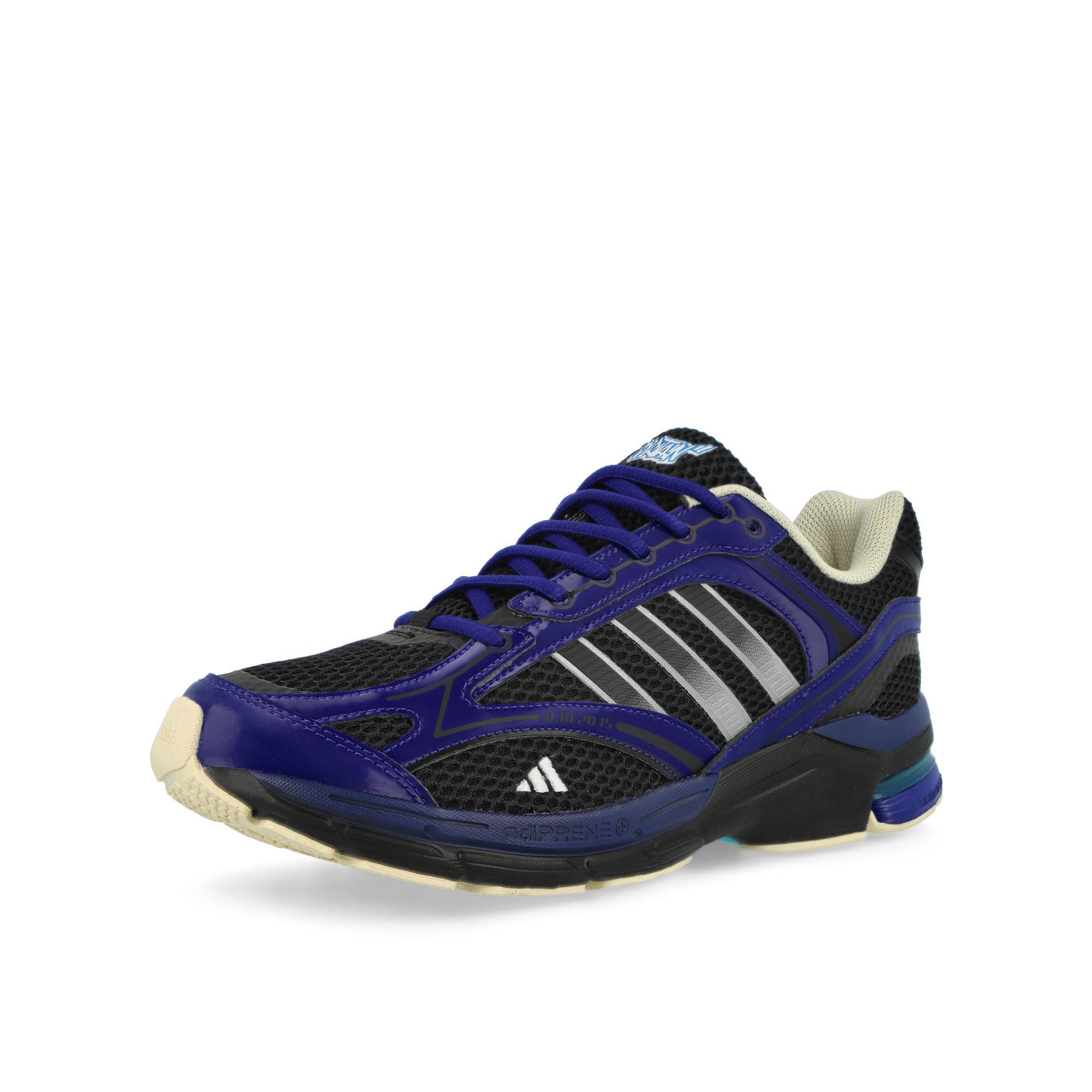 Overkill x adidas Spiritain 2000 Friends & Family Real Purple / Core Black / Signal Cyan Low Top Sneakers KJ9617 Close-up | Overkill