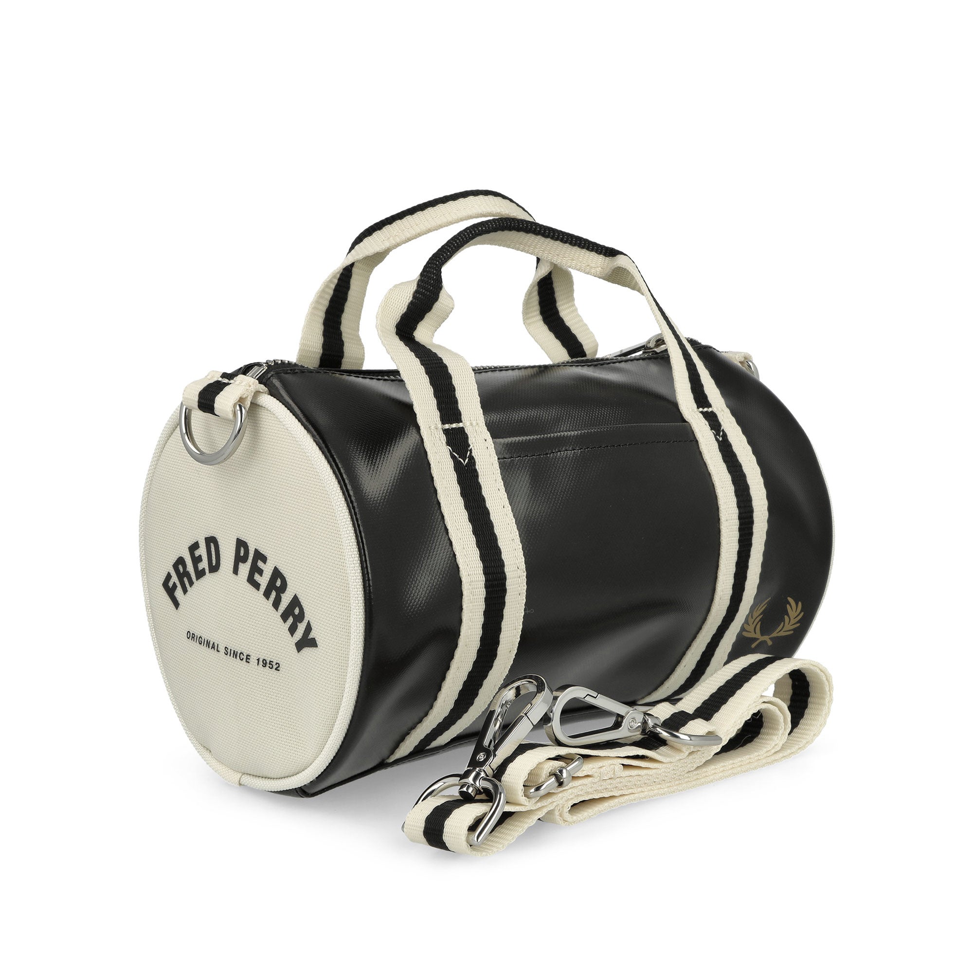 Fred Perry Classic Mini Barrel Bag Black Ecru Duffle Bags Close-up | Overkill