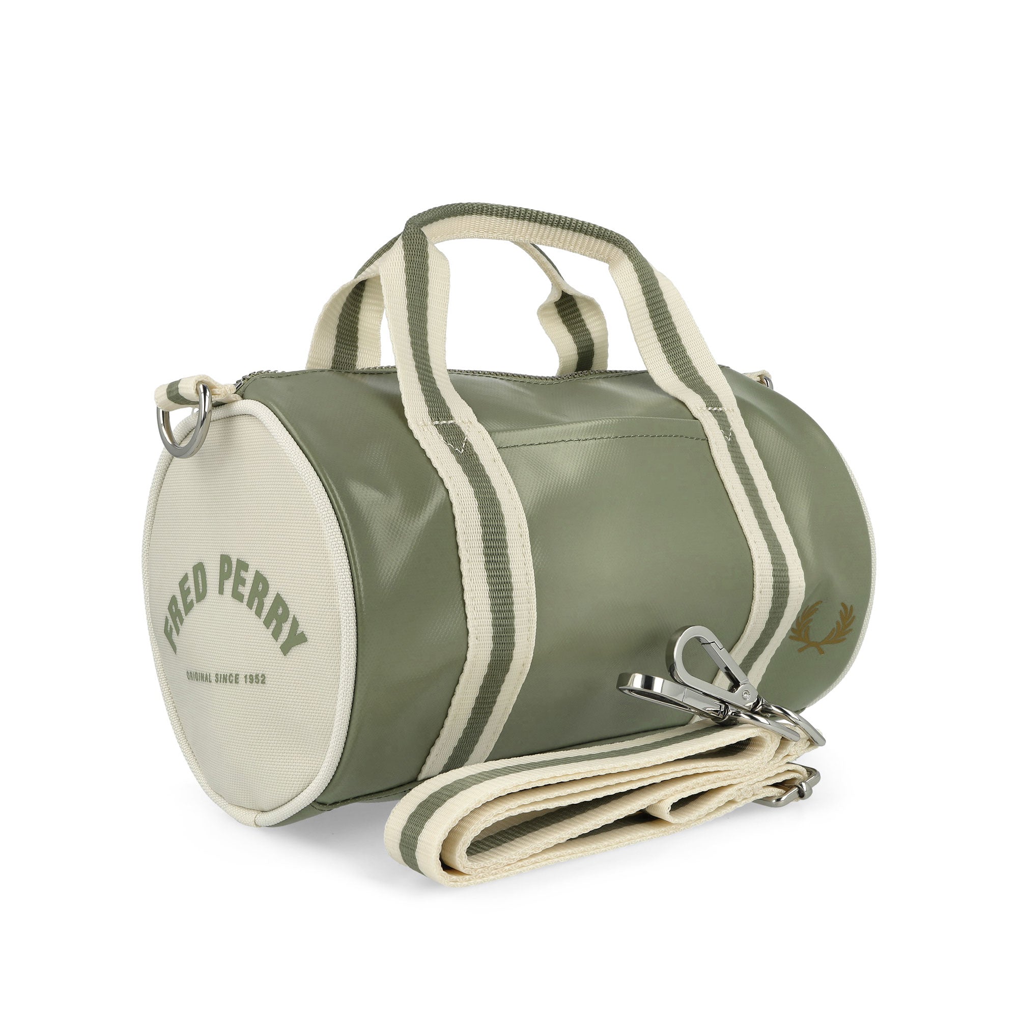 Fred Perry Classic Mini Barrel Bag Olive Mint Duffle Bags Close-up | Overkill