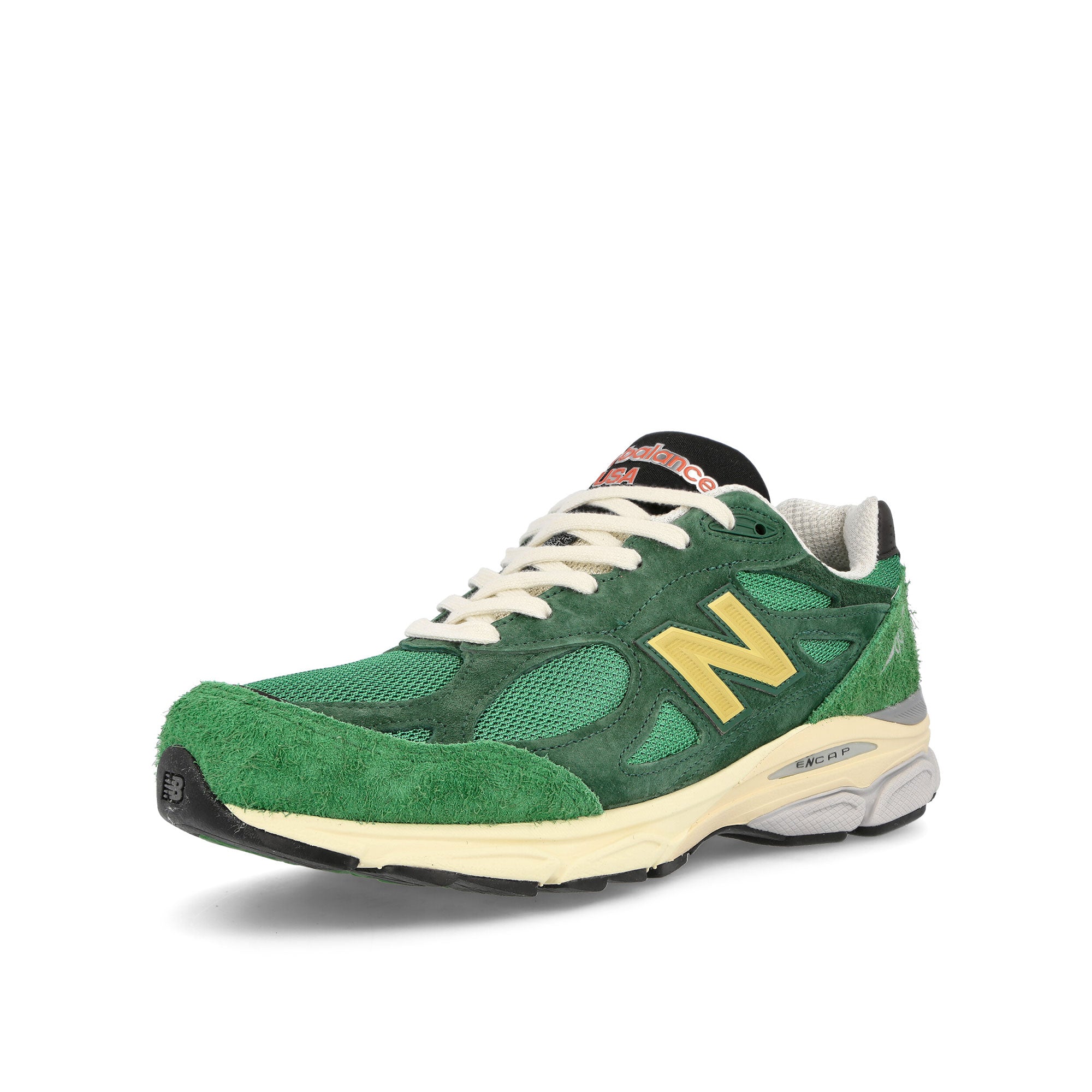 New Balance M990GG3 Green-Yellow-Beige Low Top Sneakers Close Up | Overkill