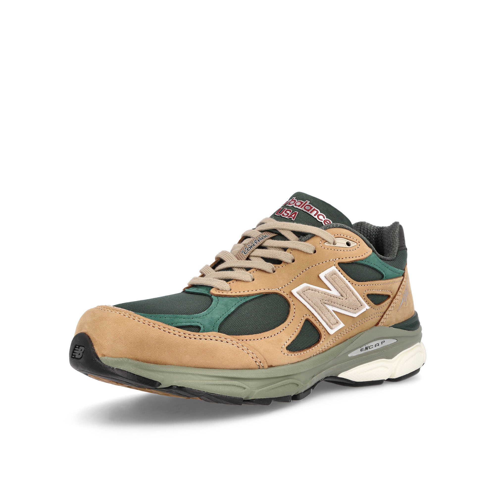 New Balance M990WG3 Tan-Green Low Top Sneakers Close Up | Overkill