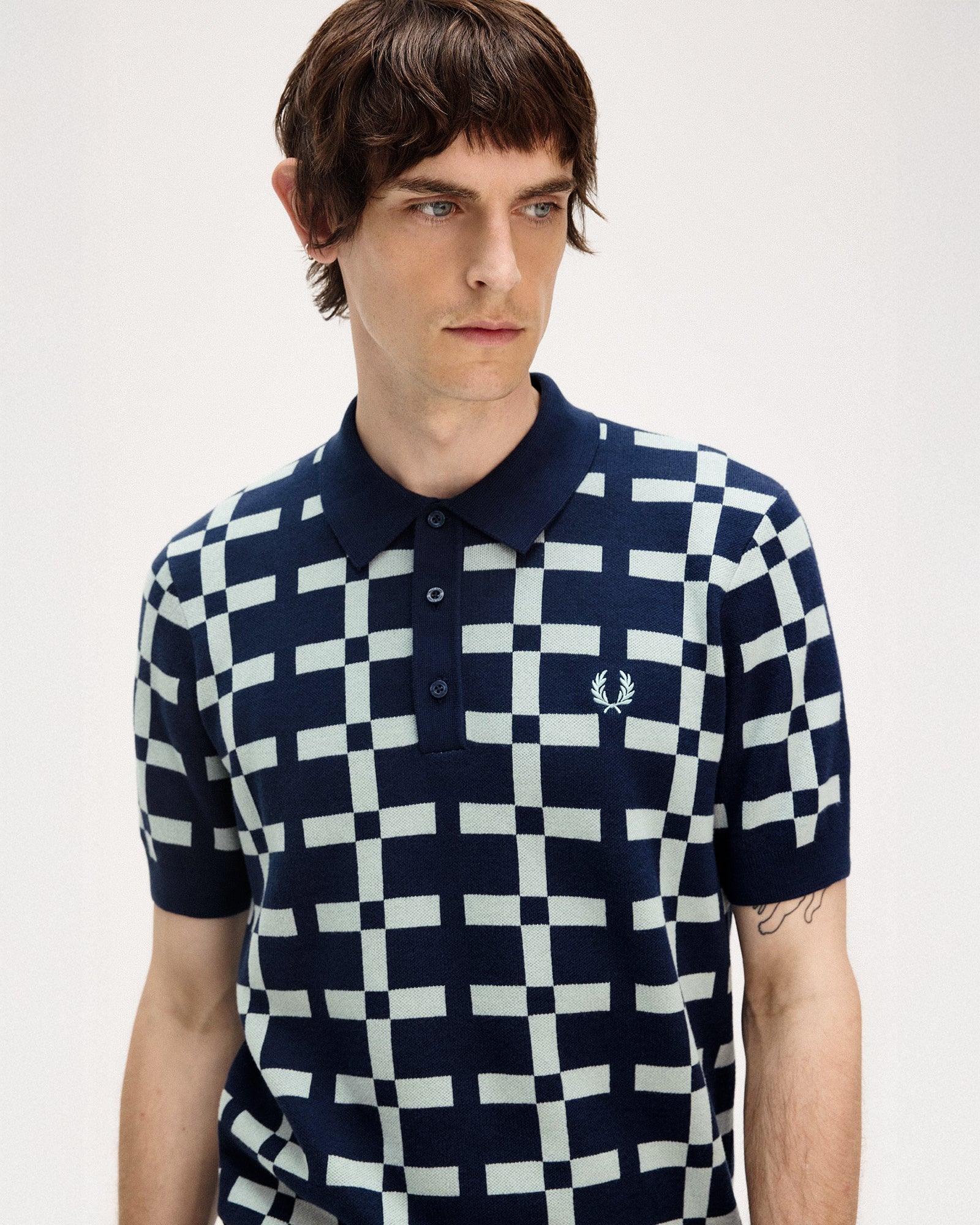 Fred Perry Geometric Jacquard Knit Shirt Tennis Blue Polo Shirts Close-up | Overkill