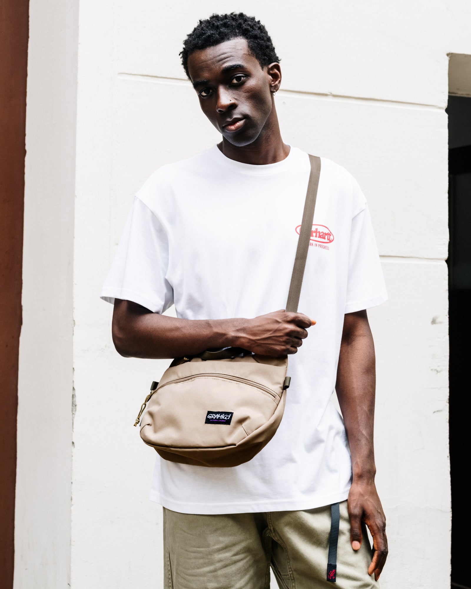 Gramicci Cordura Shoulder Bag Coyote Beige Shoulder & Cross Body Bags G3SB-082 On Model Front View | Overkill