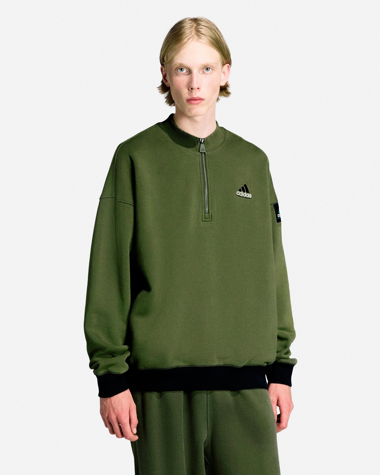 adidas Equipment Half Zip Sweater Focus Olive / Black Sweatshirts JX1464 On Model Front View | Overkill